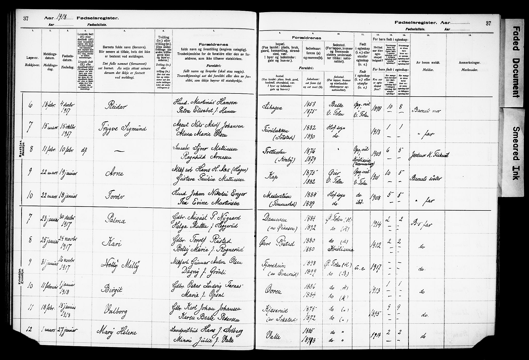 Østre Toten prestekontor, SAH/PREST-104/I/Id/L0001/0001: Birth register no. 1.1, 1916-1928, p. 37