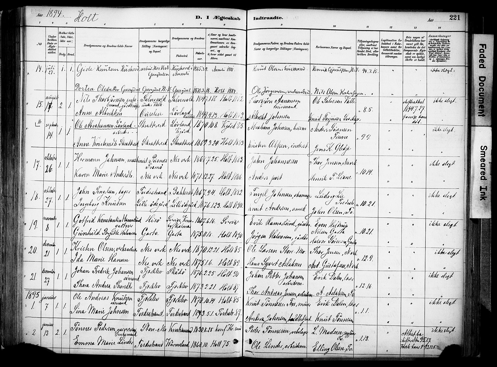 Holt sokneprestkontor, AV/SAK-1111-0021/F/Fa/L0012: Parish register (official) no. A 12, 1885-1907, p. 221