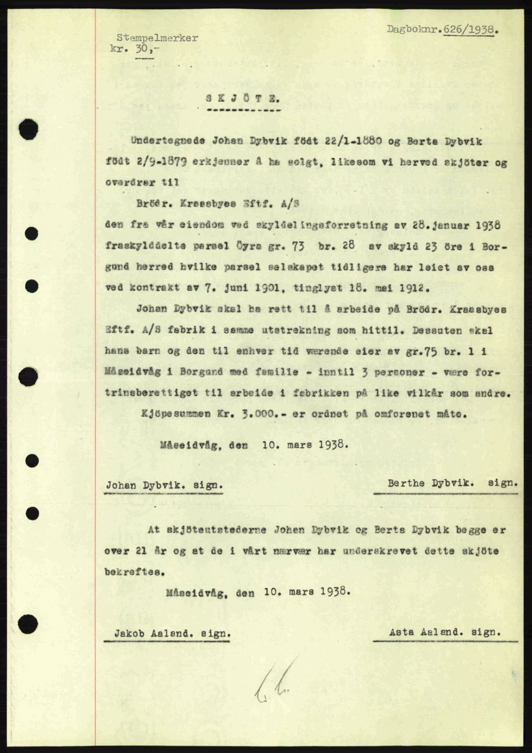 Nordre Sunnmøre sorenskriveri, AV/SAT-A-0006/1/2/2C/2Ca: Mortgage book no. A4, 1937-1938, Diary no: : 626/1938