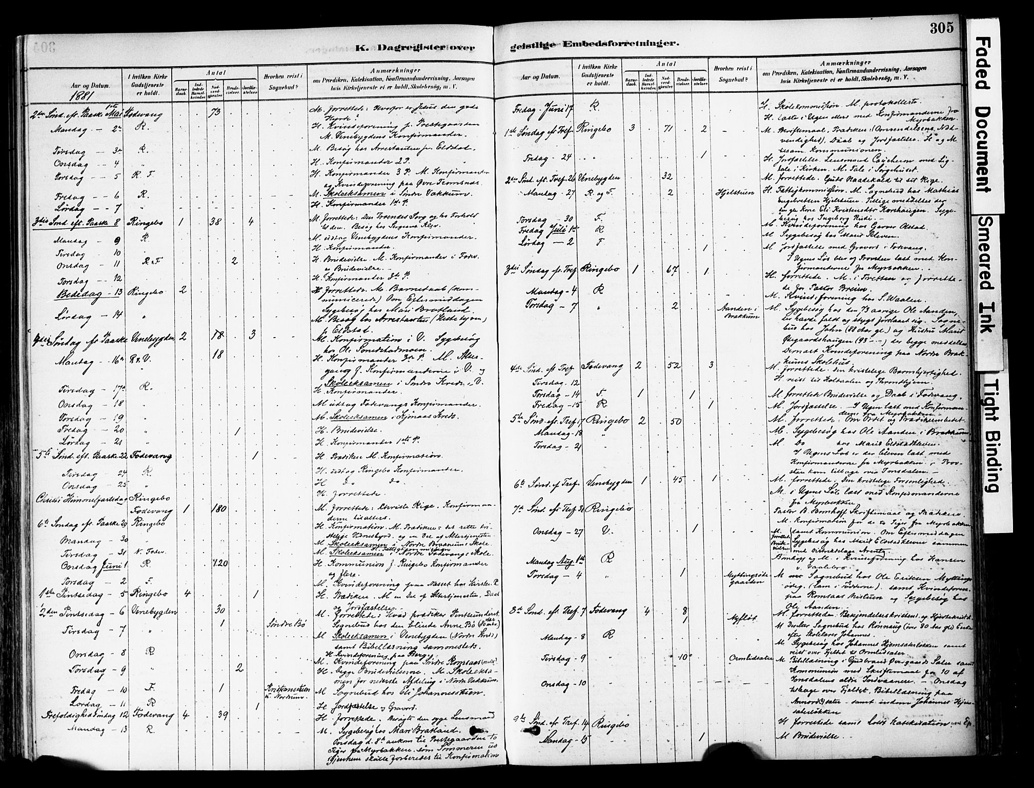 Ringebu prestekontor, SAH/PREST-082/H/Ha/Haa/L0008: Parish register (official) no. 8, 1878-1898, p. 305