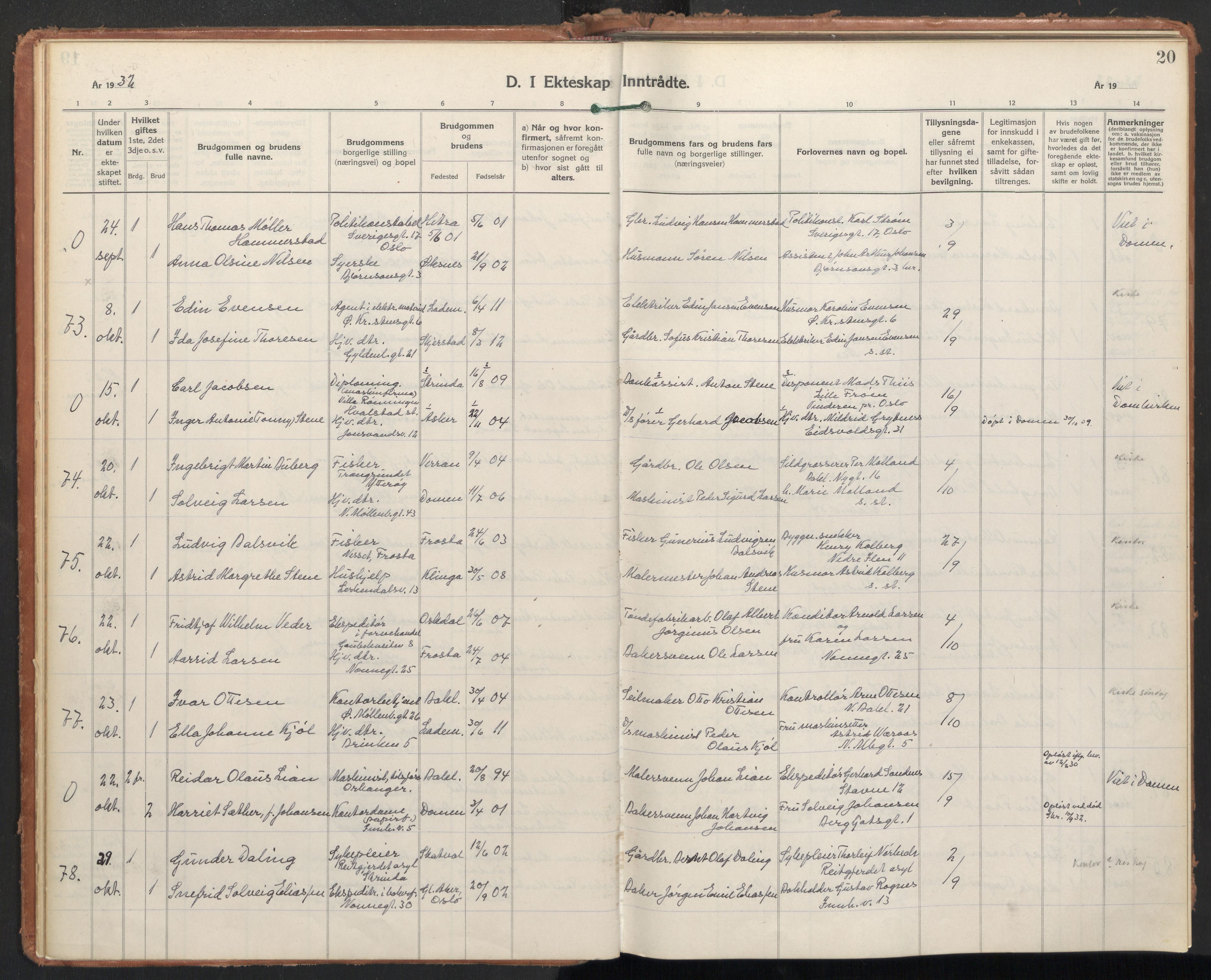 Ministerialprotokoller, klokkerbøker og fødselsregistre - Sør-Trøndelag, AV/SAT-A-1456/604/L0209: Parish register (official) no. 604A29, 1931-1945, p. 20