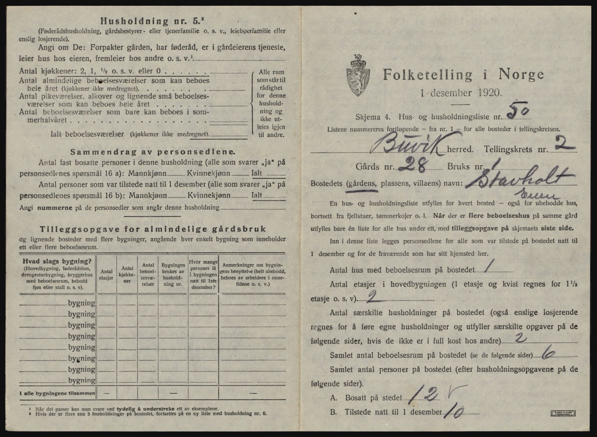 SAT, 1920 census for Buvik, 1920, p. 292