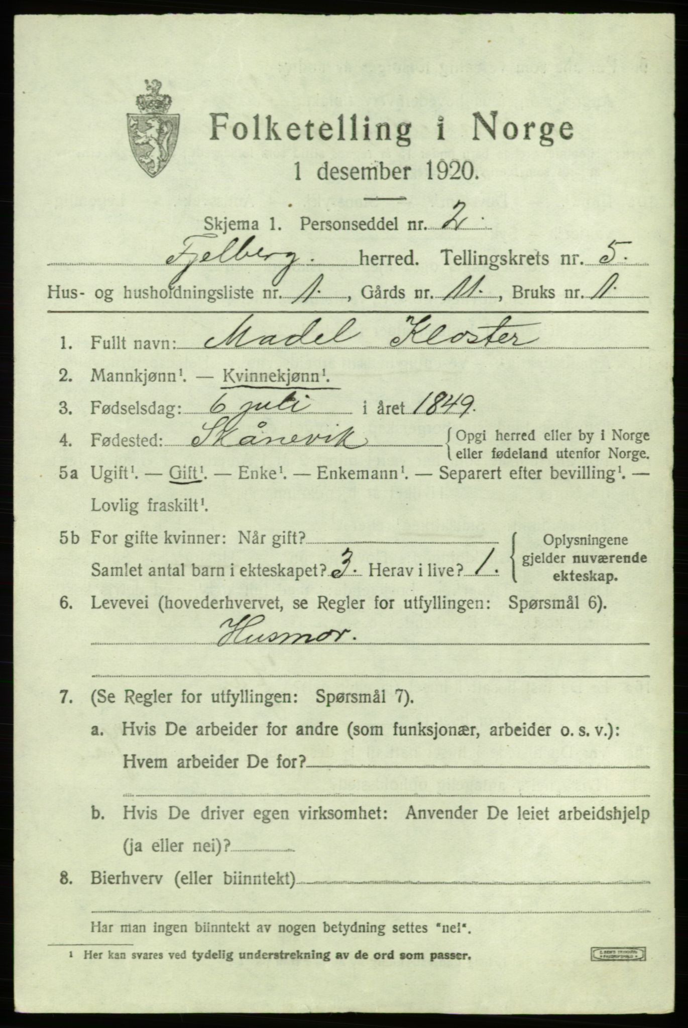 SAB, 1920 census for Fjelberg, 1920, p. 1565