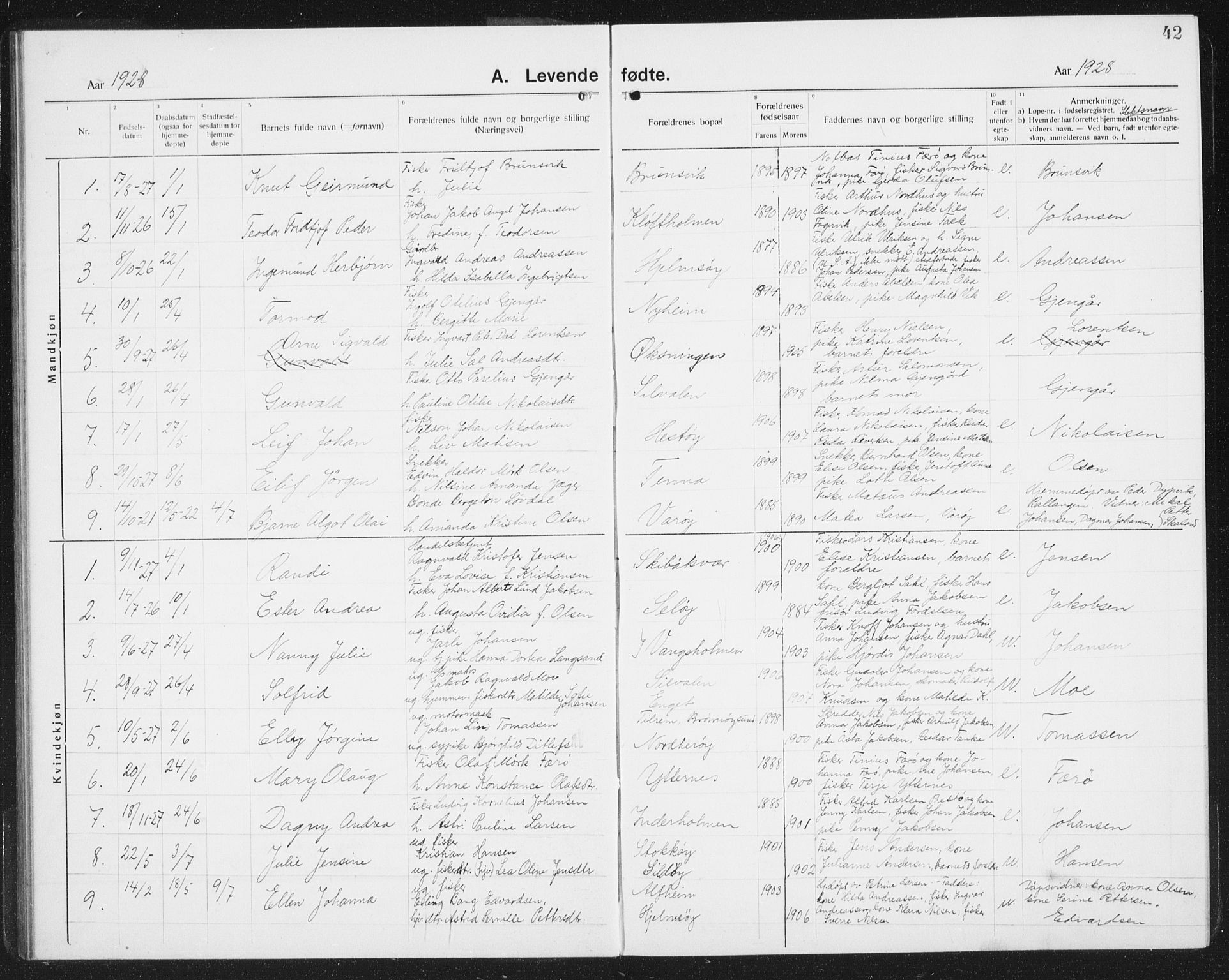 Ministerialprotokoller, klokkerbøker og fødselsregistre - Nordland, SAT/A-1459/834/L0517: Parish register (copy) no. 834C07, 1919-1939, p. 42
