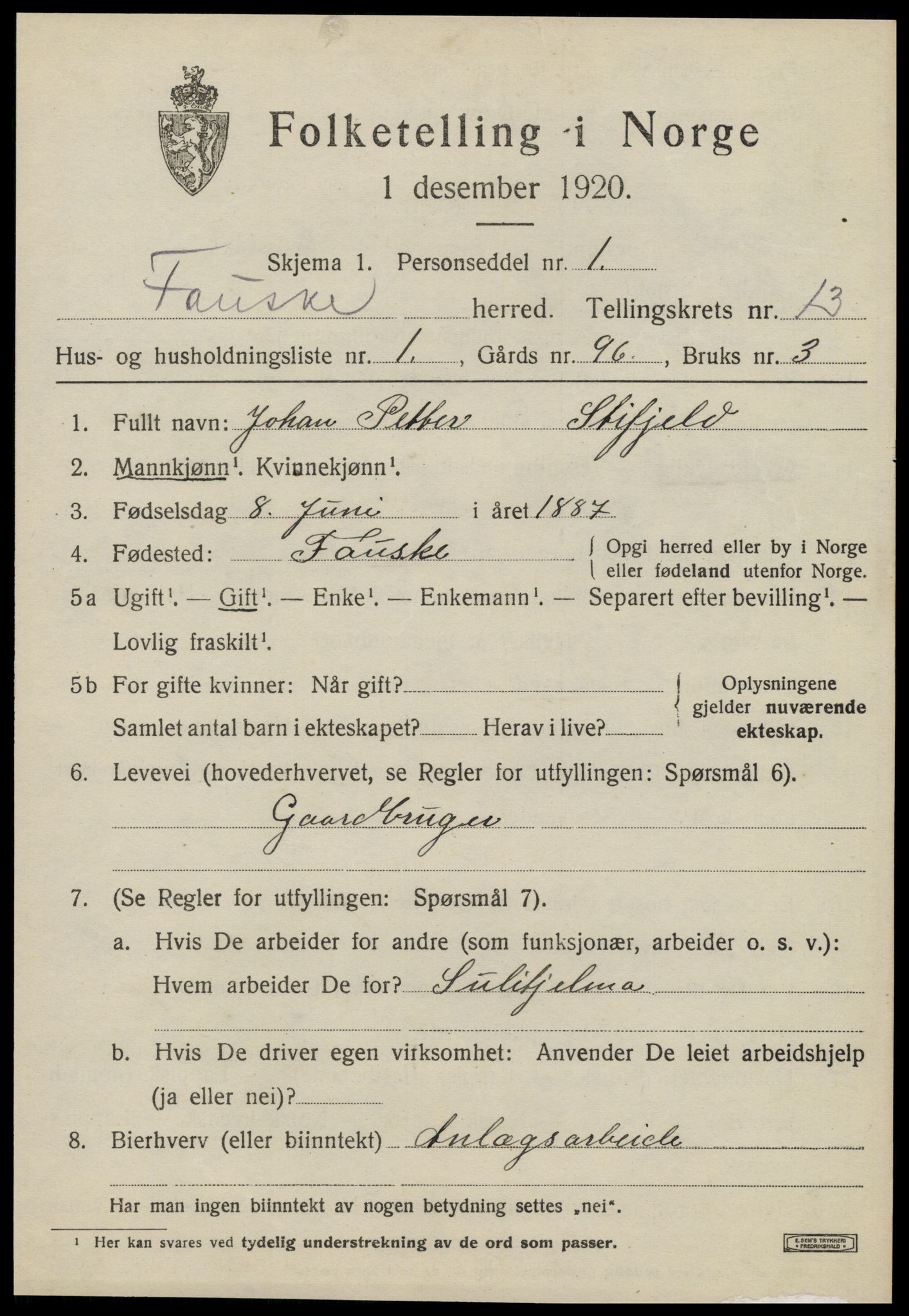 SAT, 1920 census for Fauske, 1920, p. 8360