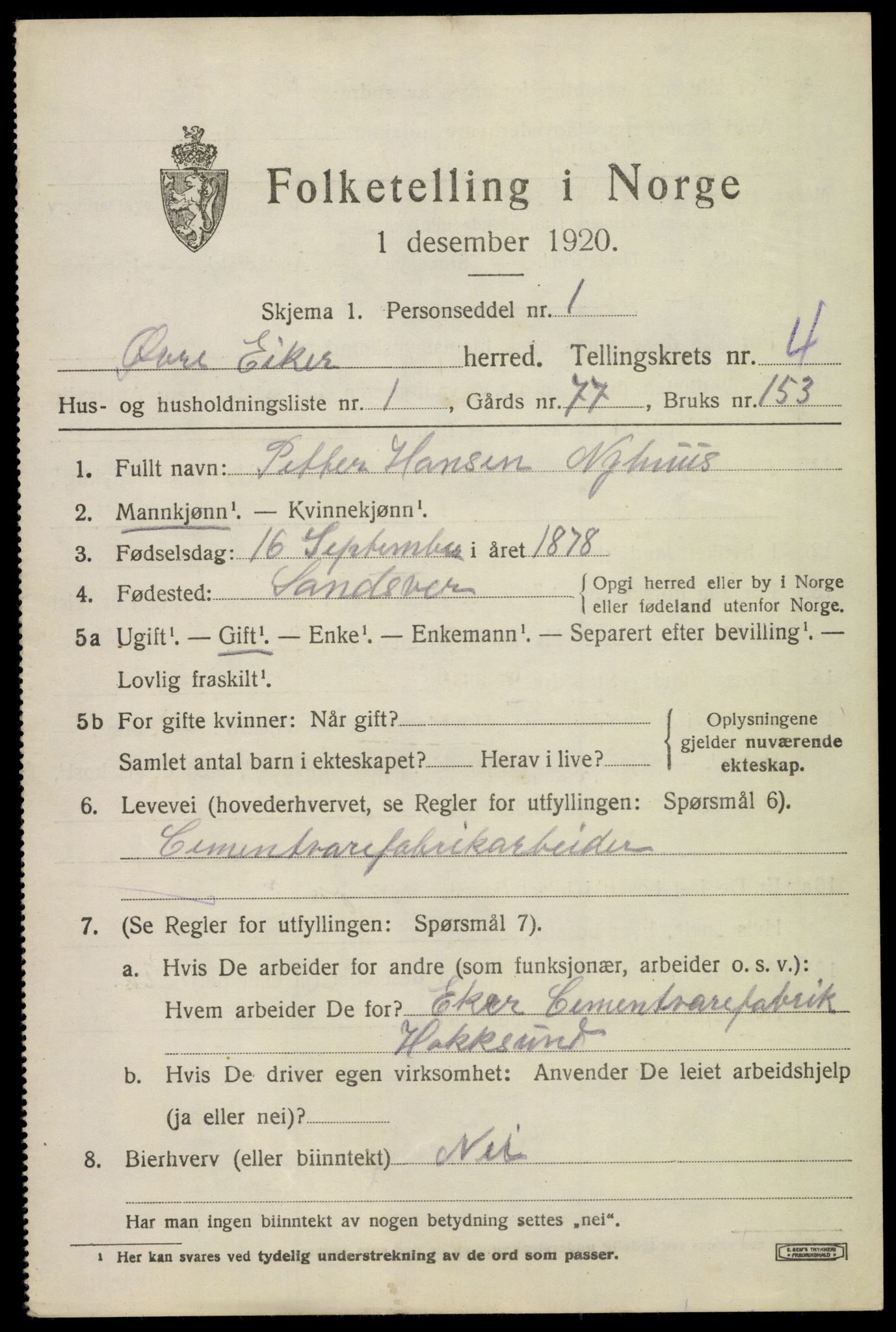 SAKO, 1920 census for Øvre Eiker, 1920, p. 9802