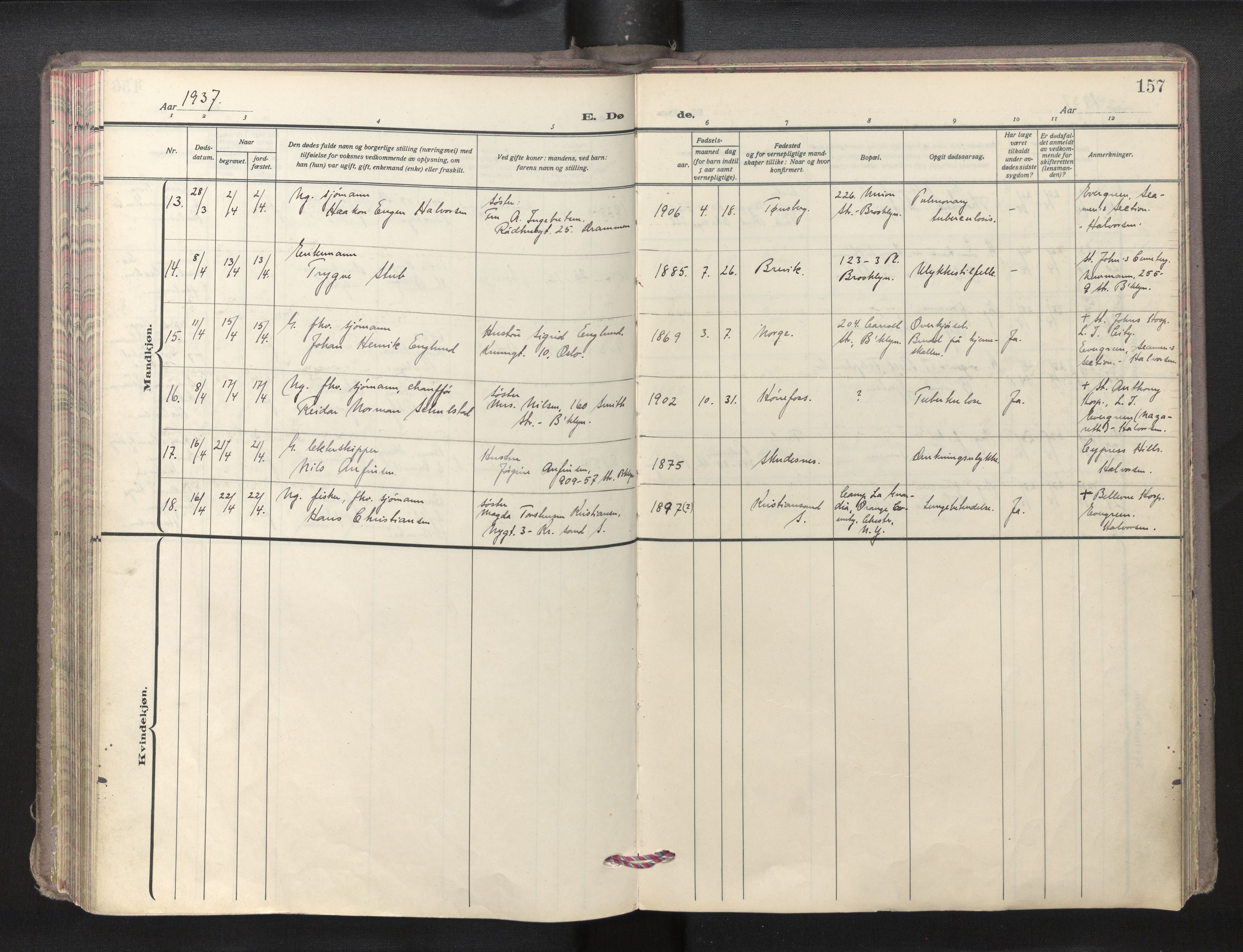 Den norske sjømannsmisjon i utlandet/New York, SAB/SAB/PA-0110/H/Ha/L0009: Parish register (official) no. A 9, 1935-1945, p. 156b-157a