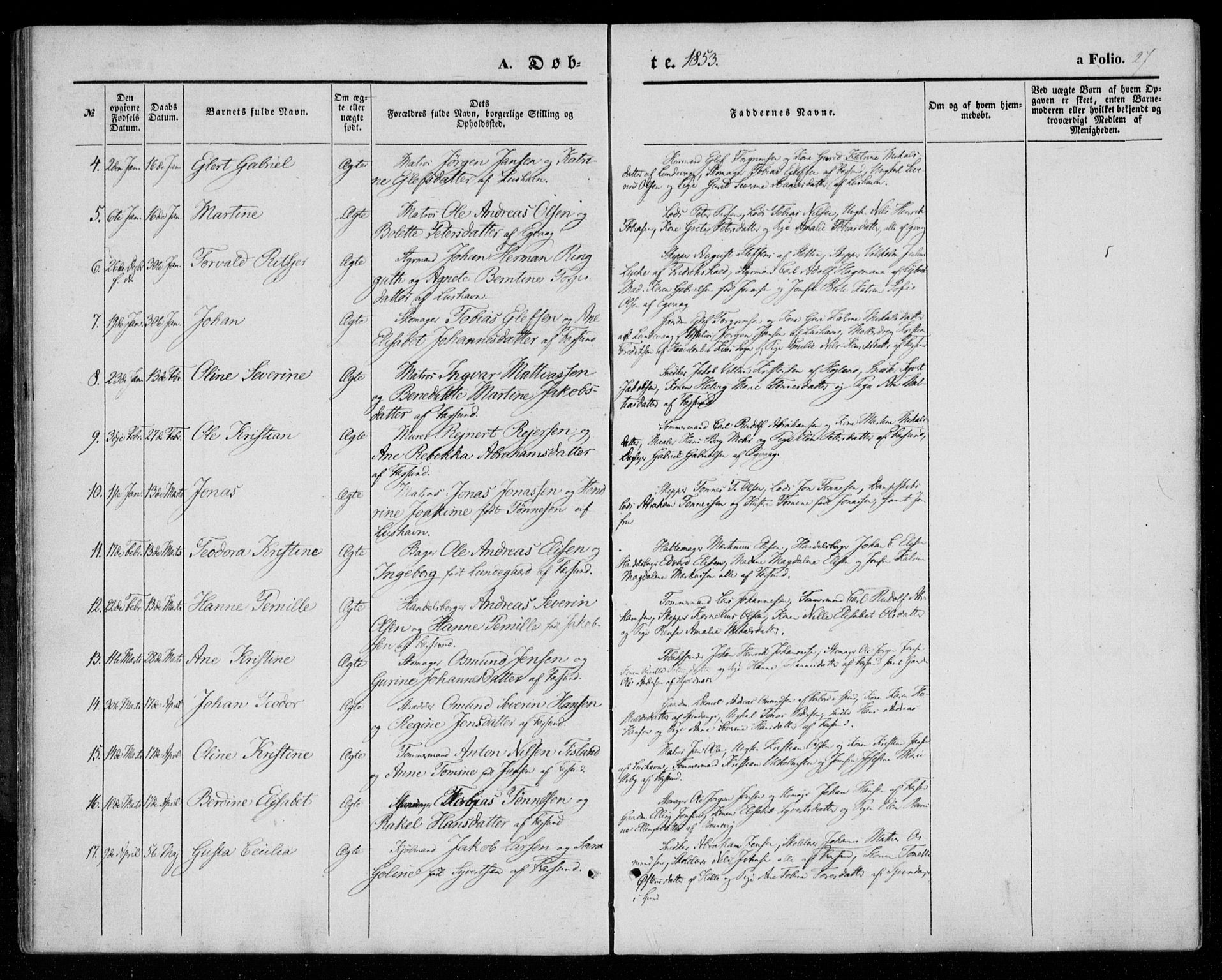Farsund sokneprestkontor, SAK/1111-0009/F/Fa/L0004: Parish register (official) no. A 4, 1847-1863, p. 27