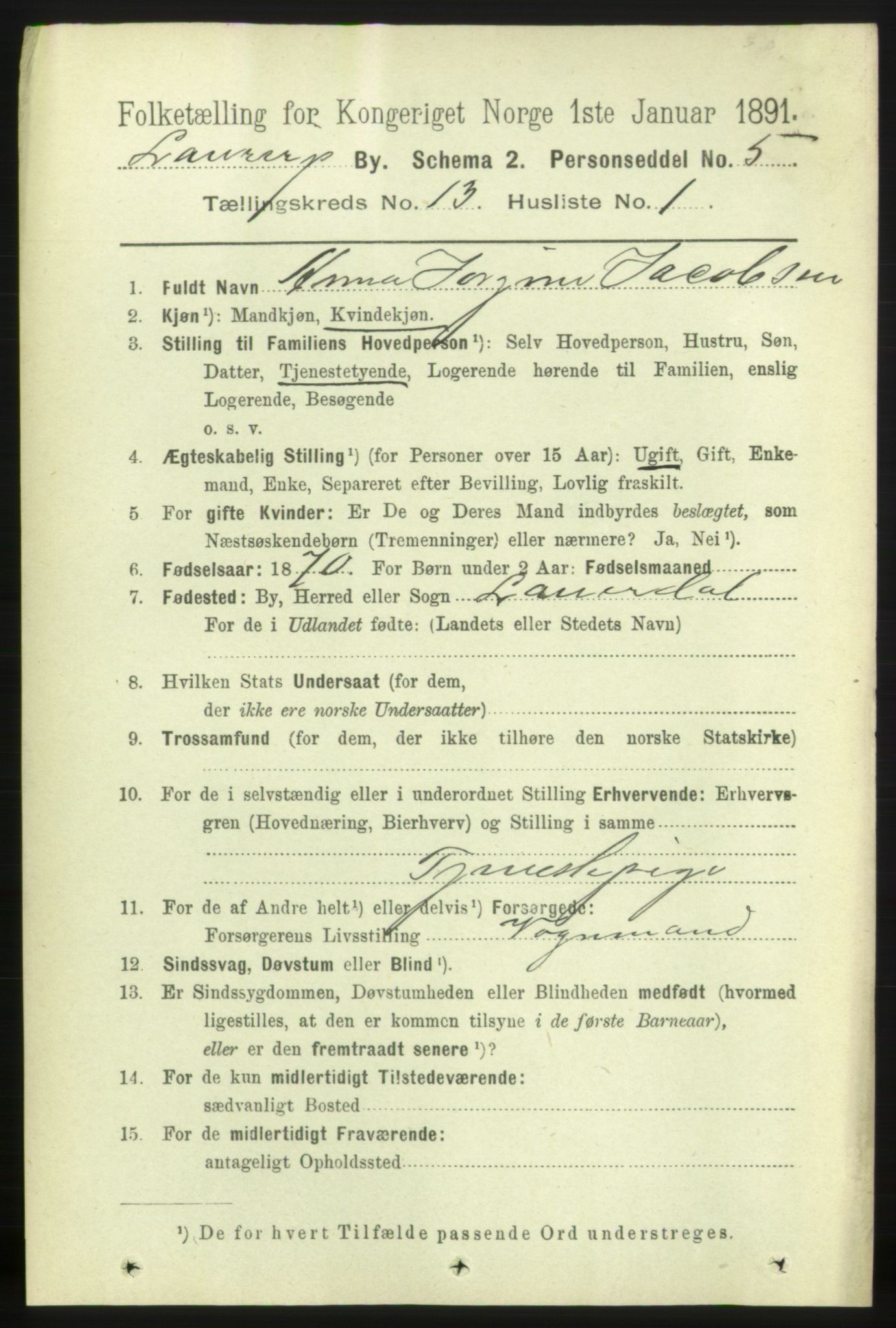 RA, 1891 census for 0707 Larvik, 1891, p. 10489