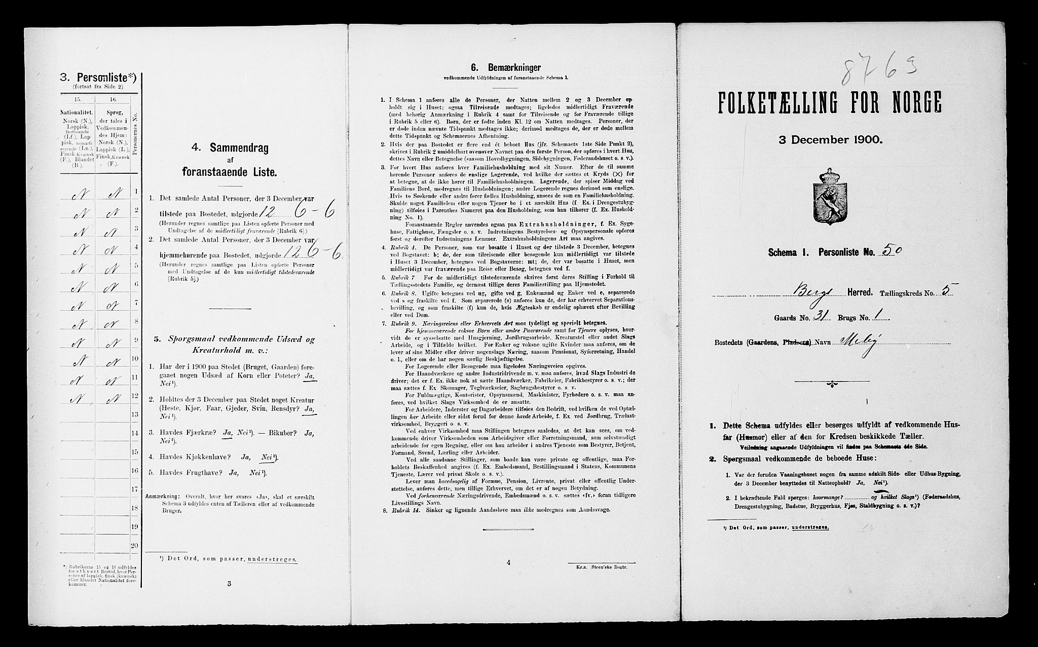 SATØ, 1900 census for Berg, 1900, p. 598