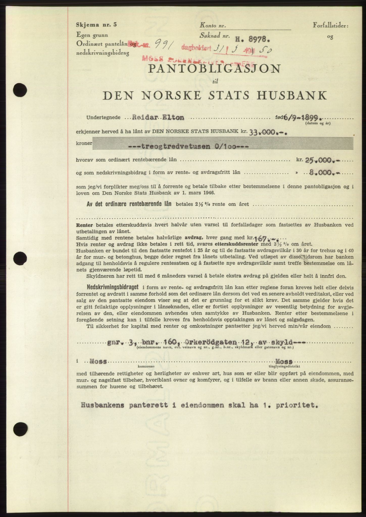 Moss sorenskriveri, AV/SAO-A-10168: Mortgage book no. B24, 1950-1950, Diary no: : 991/1950