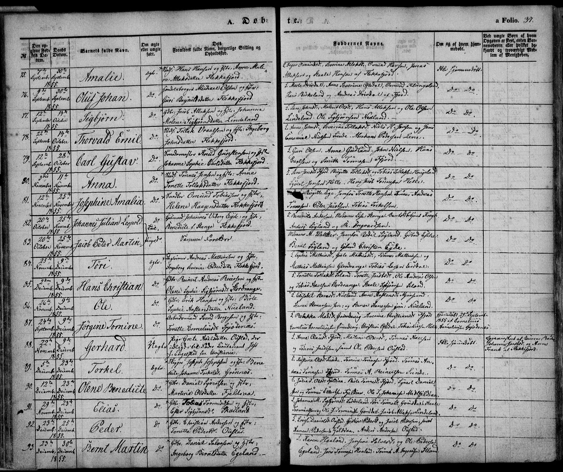 Flekkefjord sokneprestkontor, AV/SAK-1111-0012/F/Fa/Fac/L0005: Parish register (official) no. A 5, 1849-1875, p. 37