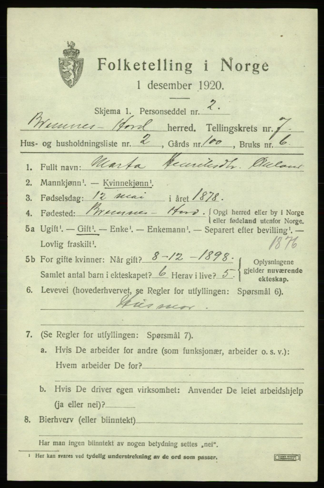 SAB, 1920 census for Bremnes, 1920, p. 4030