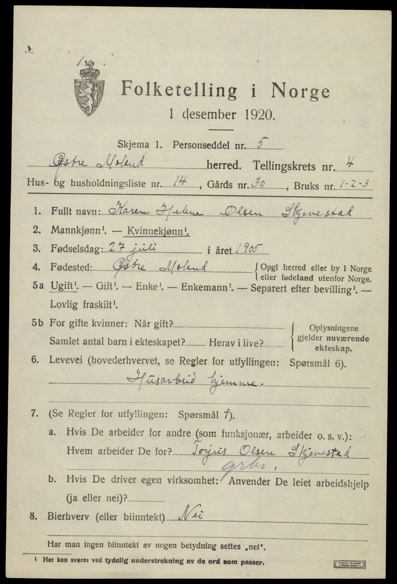 SAK, 1920 census for Austre Moland, 1920, p. 2199