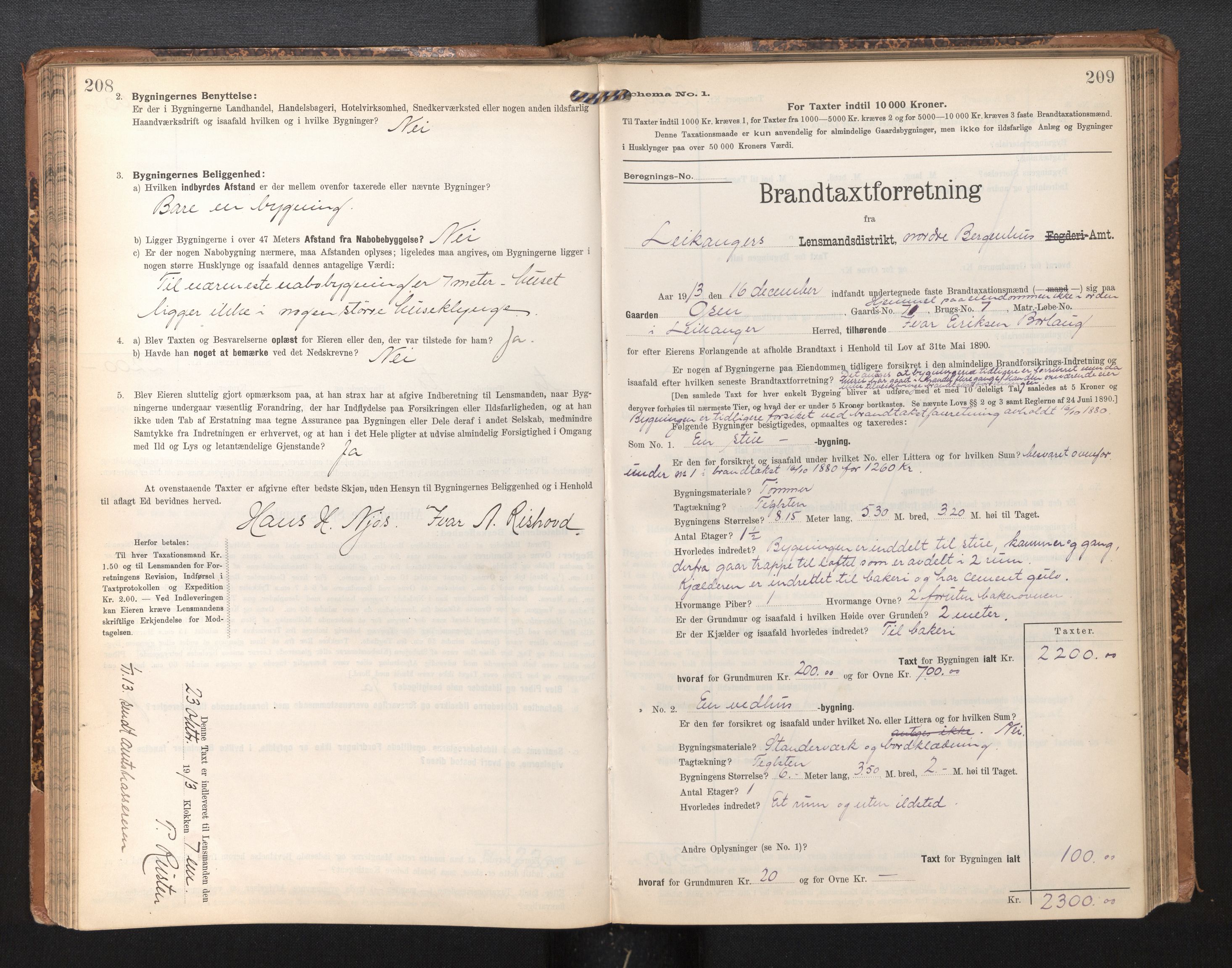 Lensmannen i Leikanger, SAB/A-29201/0012/L0005: Branntakstprotokoll, skjematakst, 1907-1917, p. 208-209