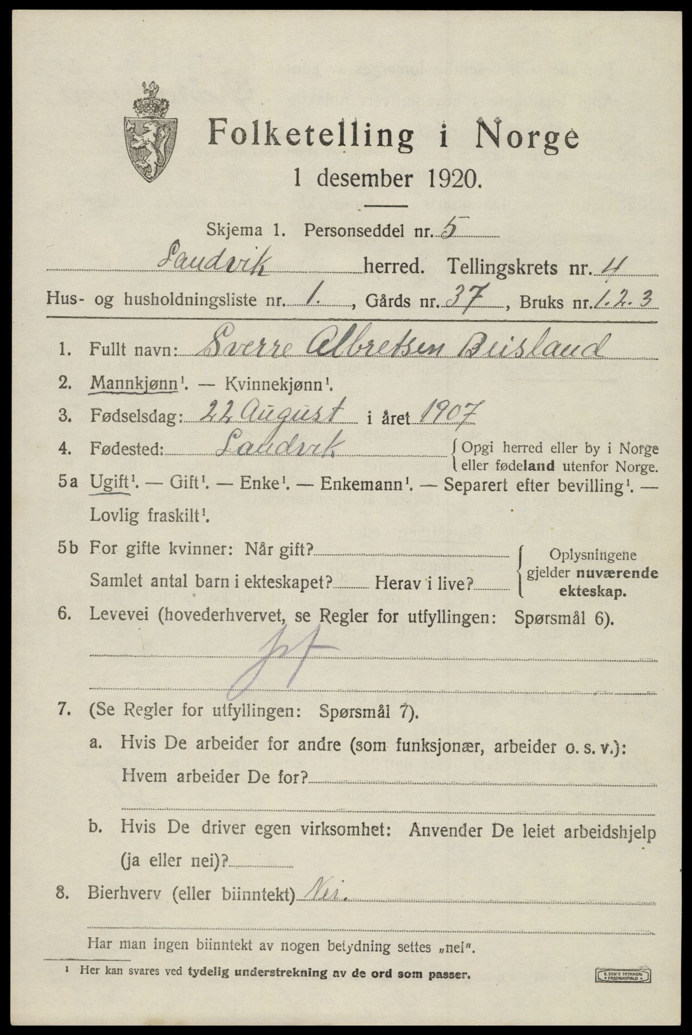 SAK, 1920 census for Landvik, 1920, p. 3668