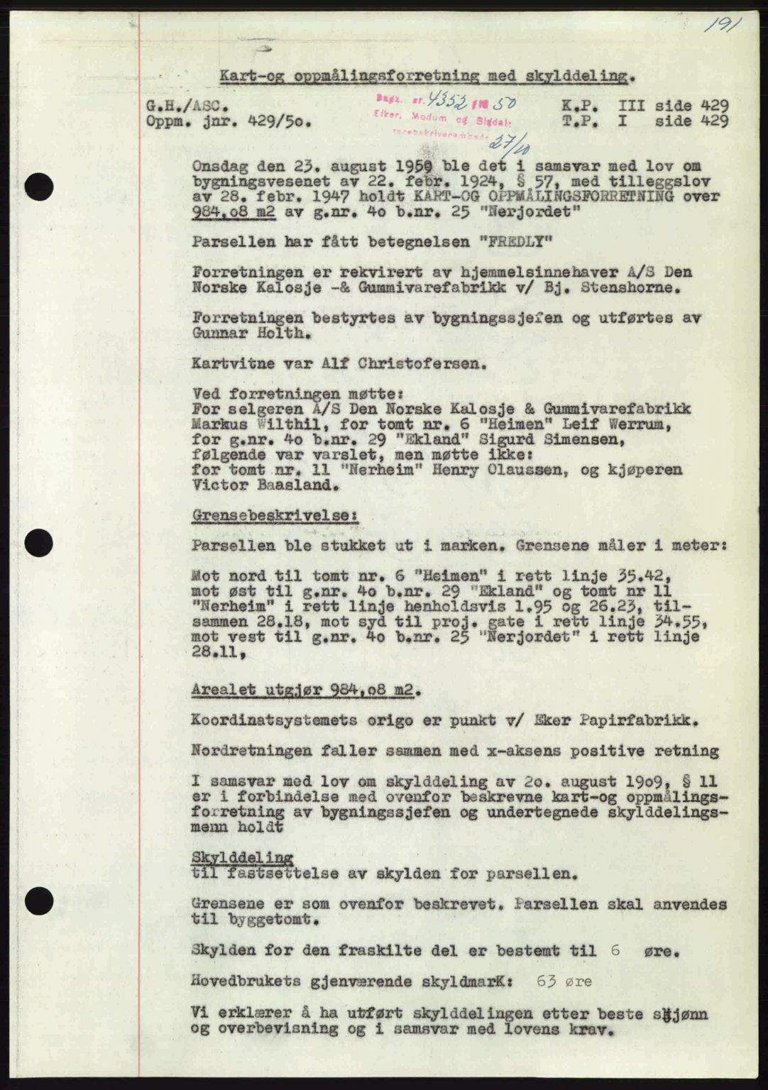 Eiker, Modum og Sigdal sorenskriveri, AV/SAKO-A-123/G/Ga/Gab/L0069: Mortgage book no. A39/14, 1950-1950, Diary no: : 4352/1950