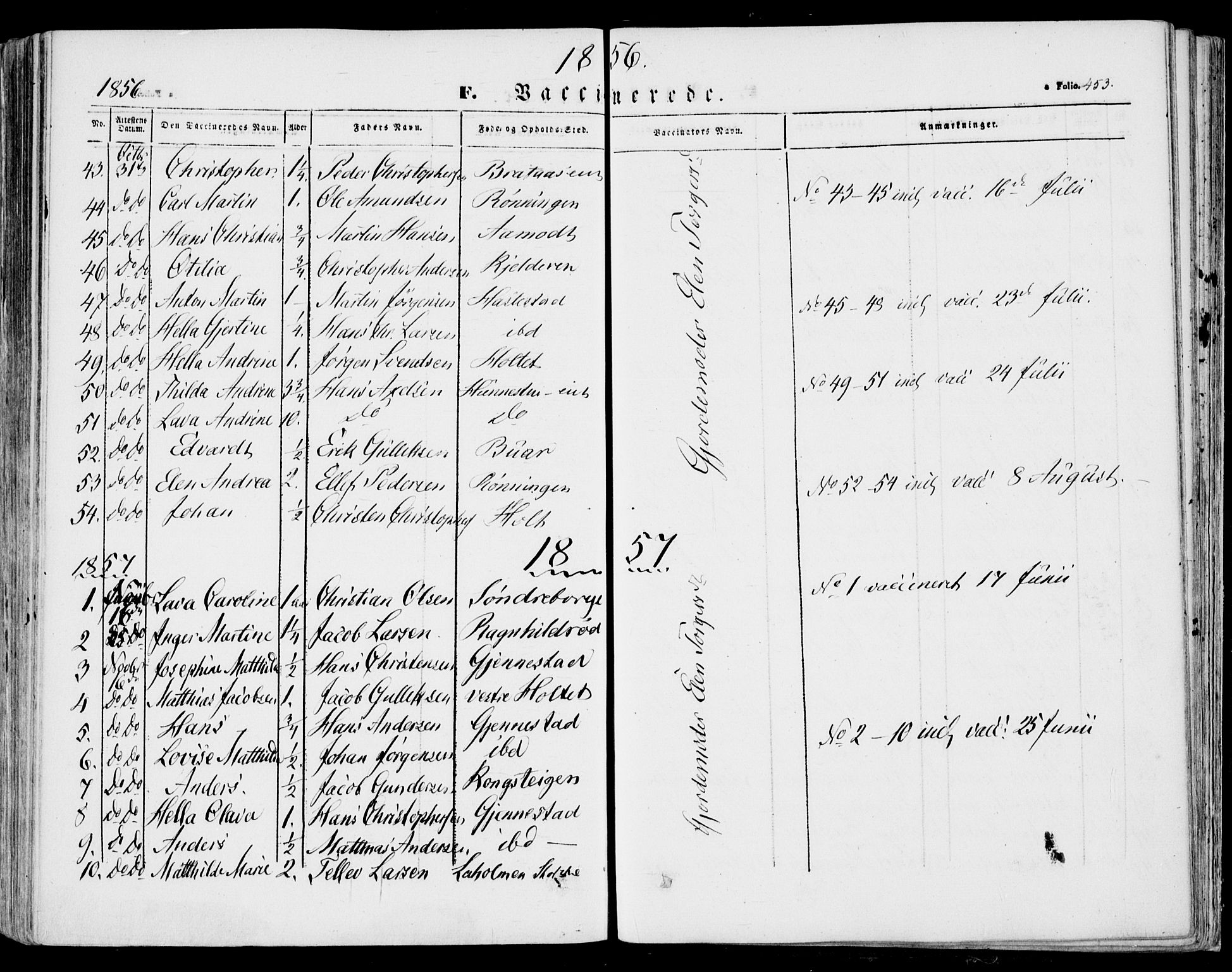 Stokke kirkebøker, AV/SAKO-A-320/F/Fa/L0007: Parish register (official) no. I 7, 1844-1857, p. 453