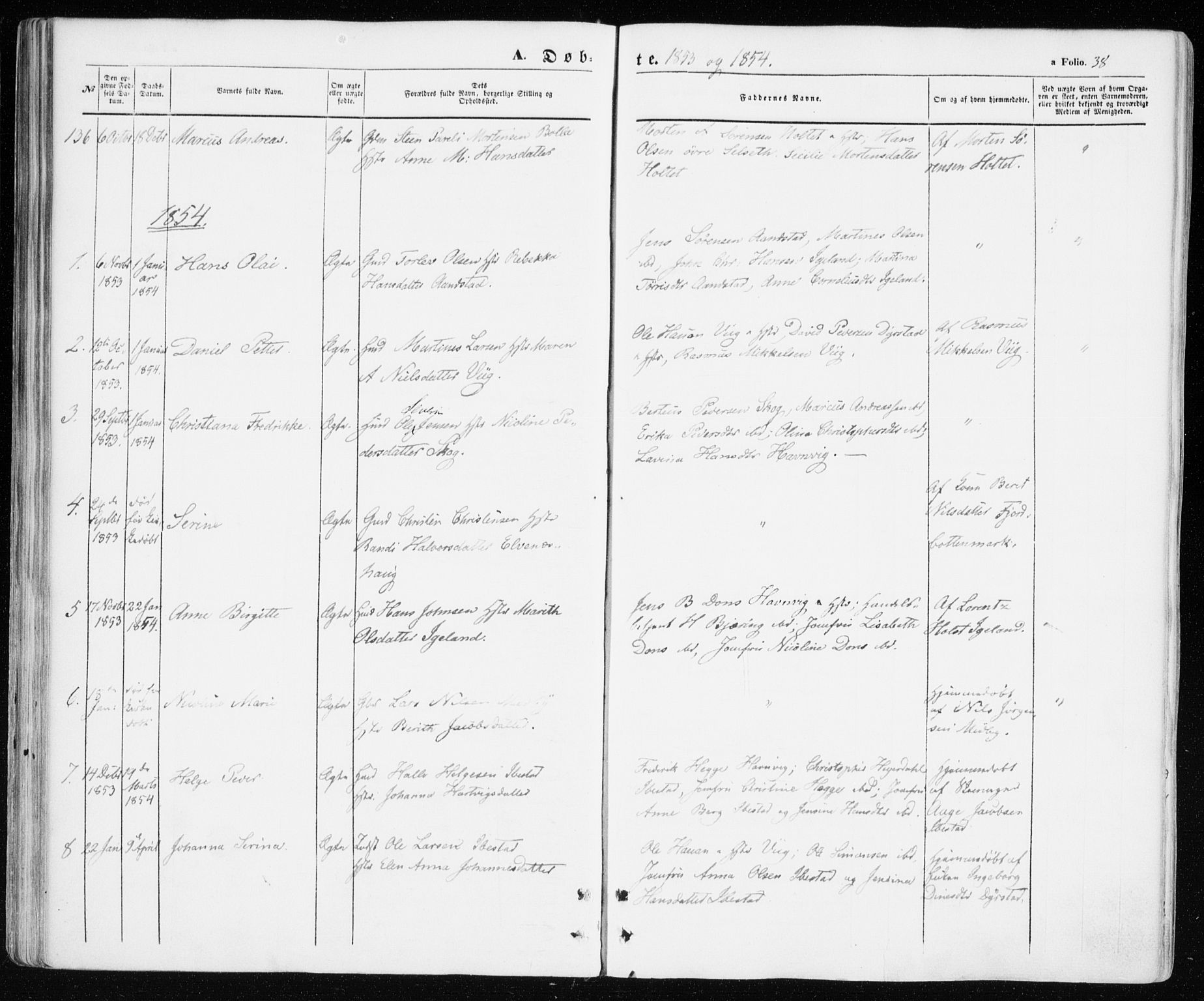 Ibestad sokneprestembete, SATØ/S-0077/H/Ha/Haa/L0008kirke: Parish register (official) no. 8, 1850-1859, p. 38