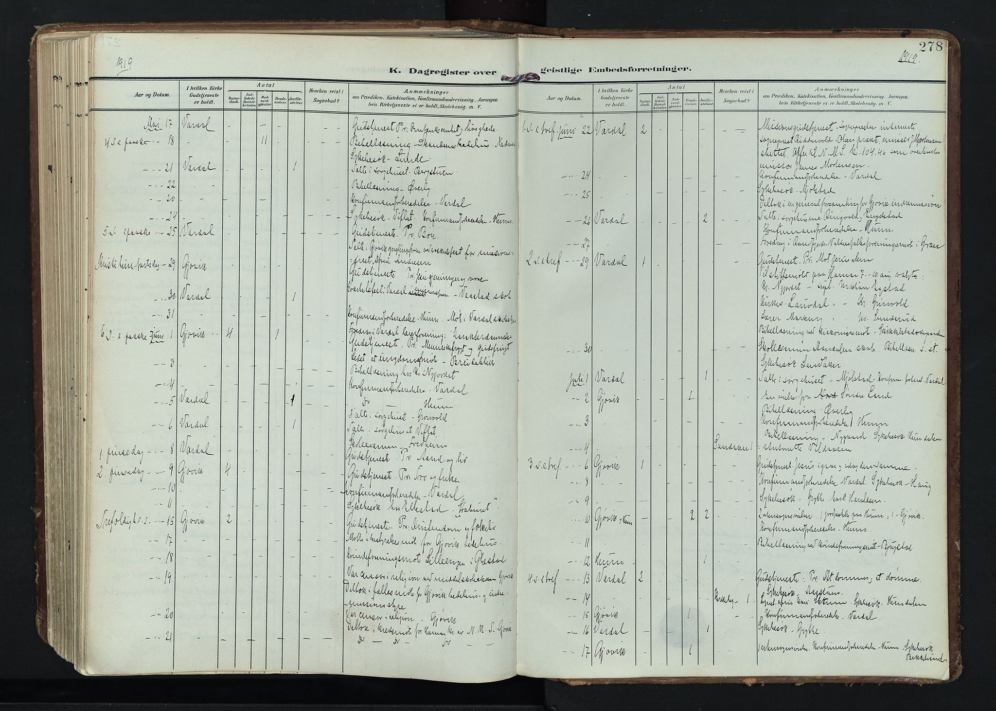 Vardal prestekontor, AV/SAH-PREST-100/H/Ha/Haa/L0020: Parish register (official) no. 20, 1907-1921, p. 278