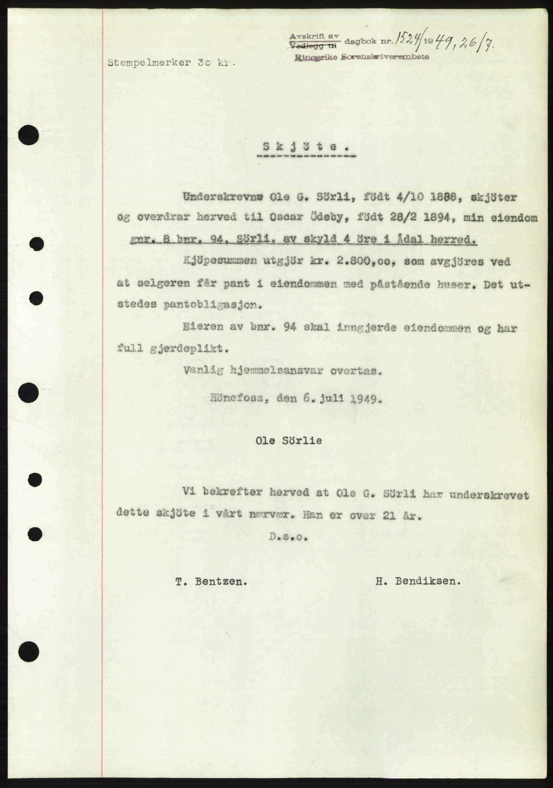 Ringerike sorenskriveri, AV/SAKO-A-105/G/Ga/Gab/L0090: Mortgage book no. A-21, 1949-1949, Diary no: : 1524/1949