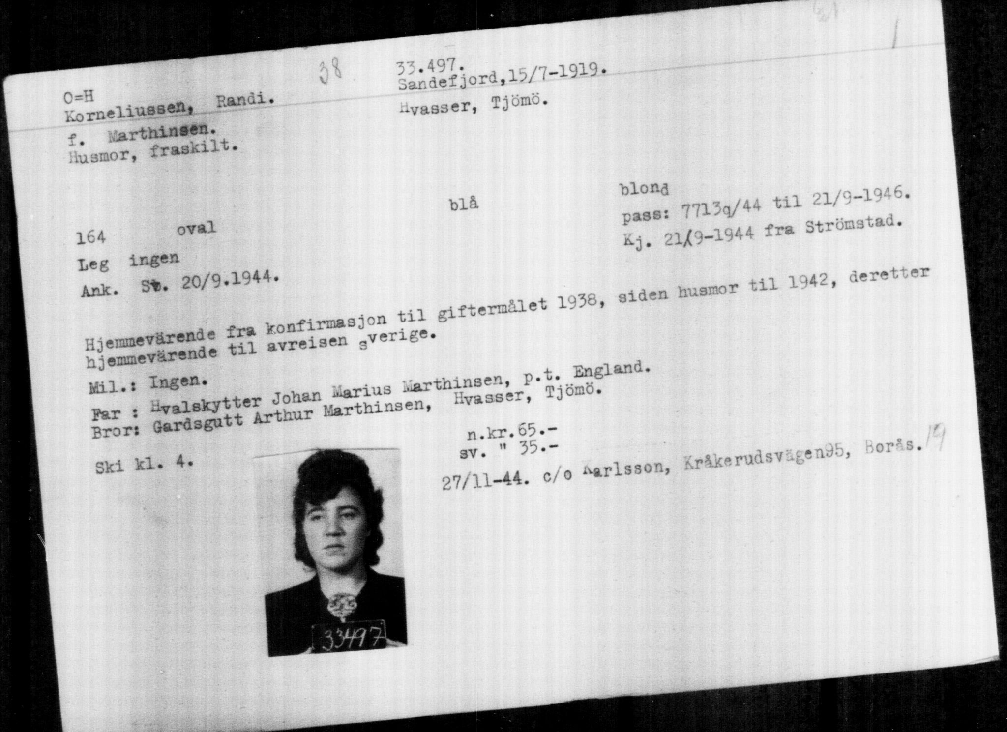 Utenriksstasjonene, Legasjonen i Stockholm, Flyktningkontoret, AV/RA-S-6753/V/Va/L0013: Kjesäterkartoteket, flyktninger med registreringsnr. 31500-34731, 1940-1945, p. 2103