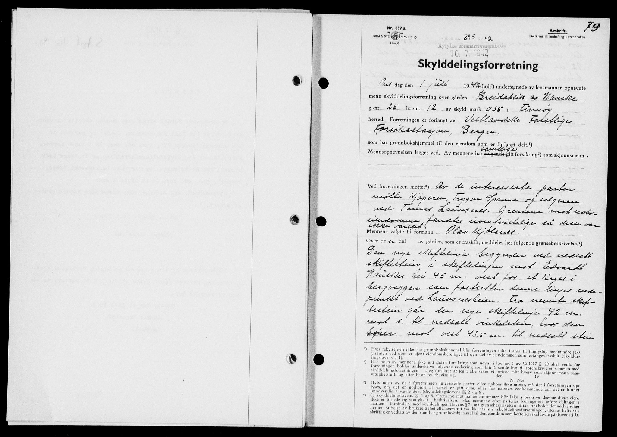 Ryfylke tingrett, SAST/A-100055/001/II/IIB/L0088: Mortgage book no. 67, 1942-1942, Diary no: : 895/1942