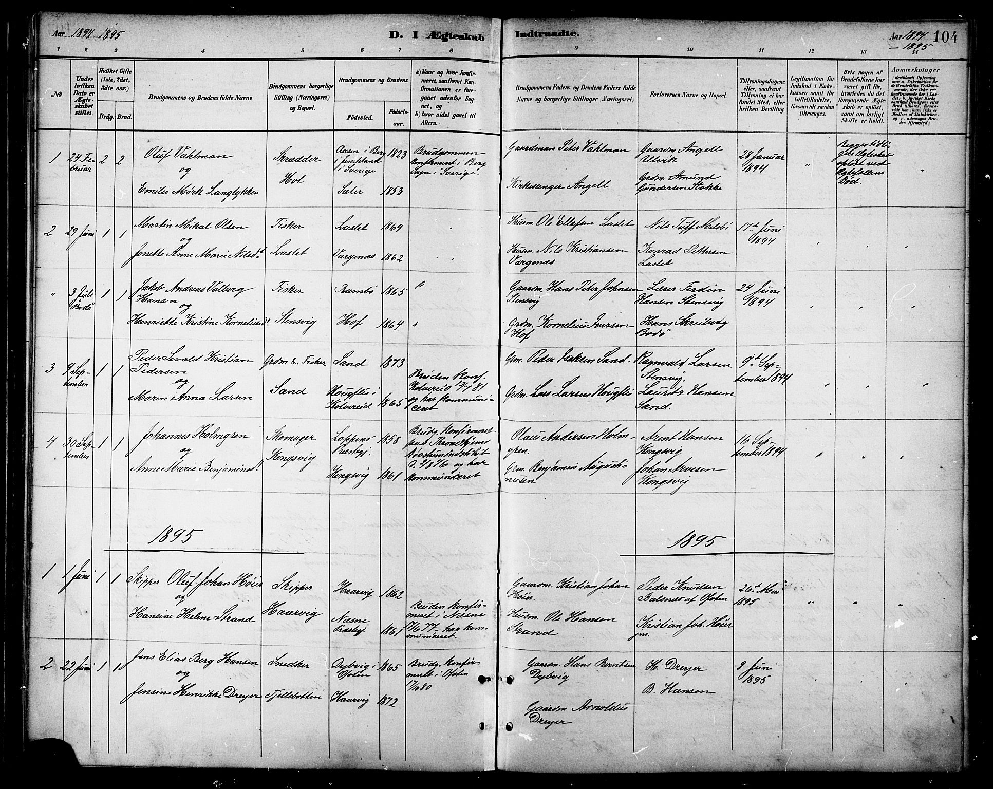 Ministerialprotokoller, klokkerbøker og fødselsregistre - Nordland, AV/SAT-A-1459/865/L0924: Parish register (official) no. 865A02, 1885-1896, p. 104