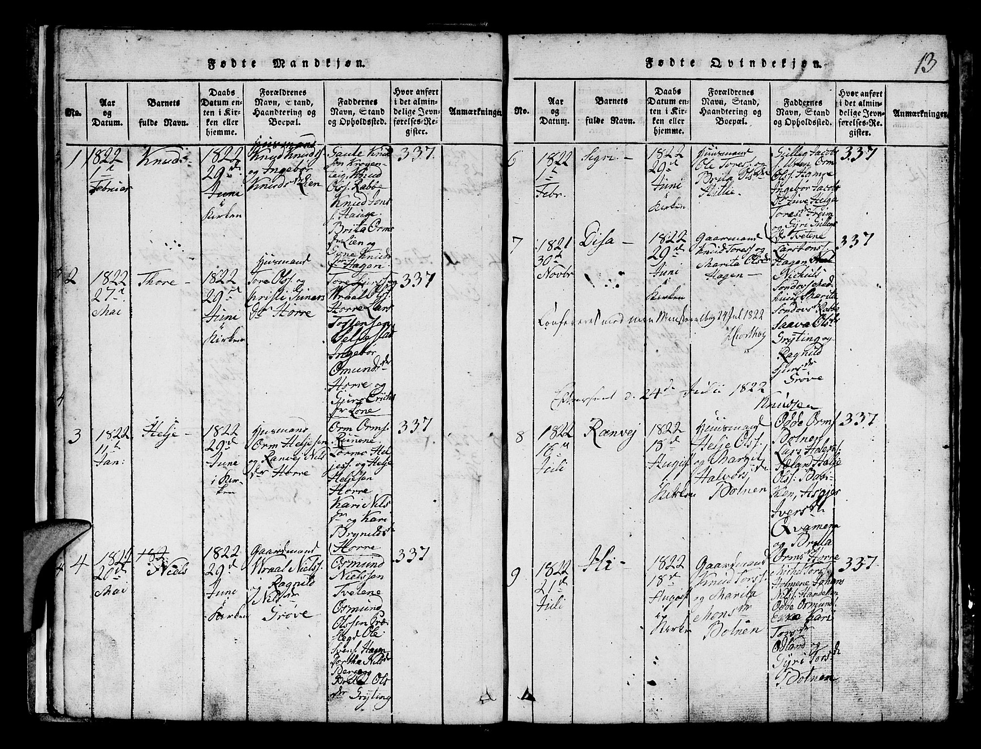 Røldal sokneprestembete, SAB/A-100247: Parish register (copy) no. A 1, 1817-1860, p. 13