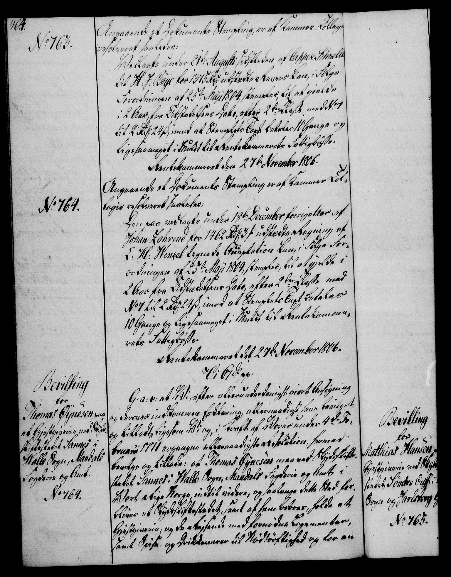 Rentekammeret, Kammerkanselliet, RA/EA-3111/G/Gg/Gga/L0018: Norsk ekspedisjonsprotokoll med register (merket RK 53.18), 1804-1806, p. 464