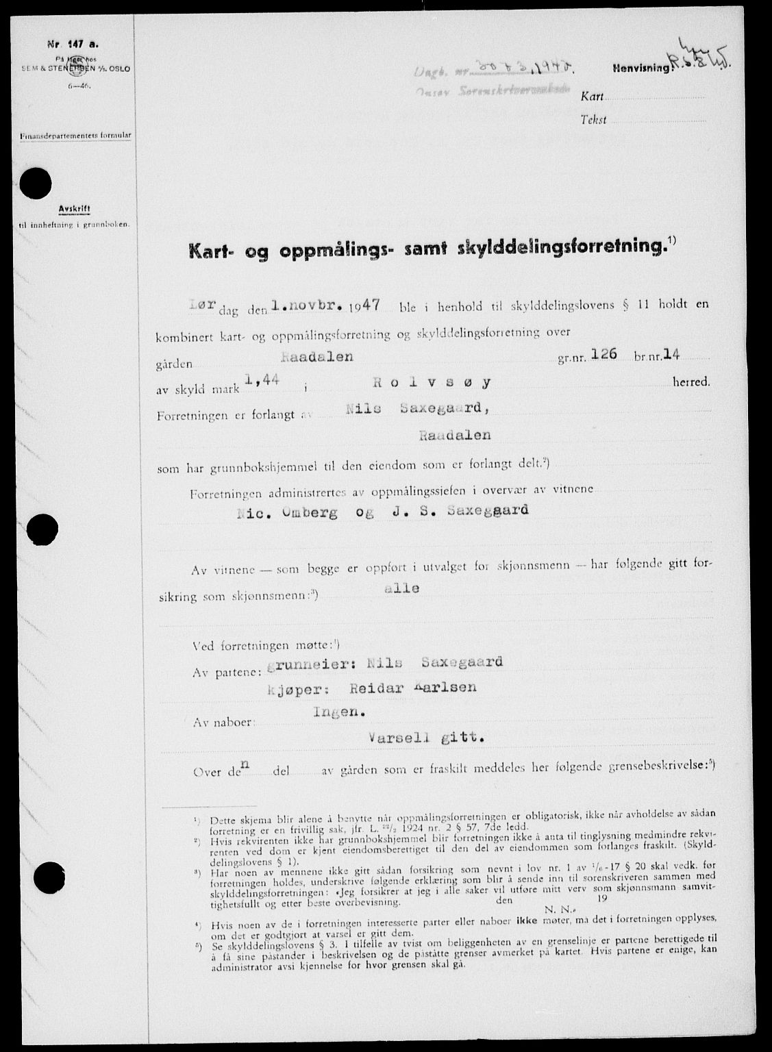 Onsøy sorenskriveri, SAO/A-10474/G/Ga/Gab/L0021: Mortgage book no. II A-21, 1947-1947, Diary no: : 3073/1947