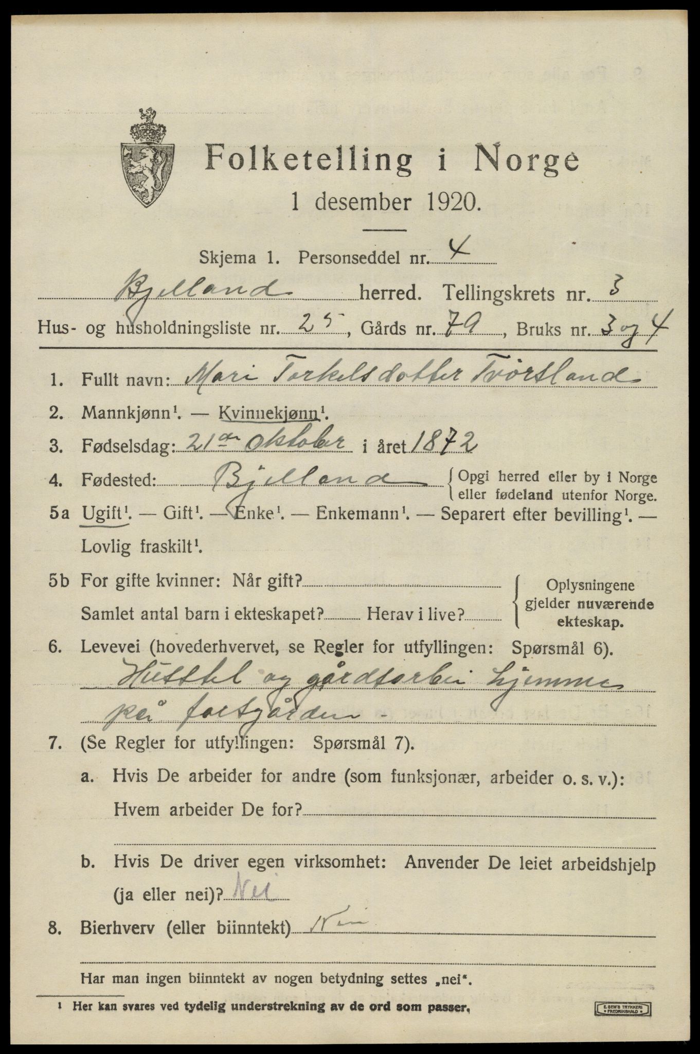 SAK, 1920 census for Bjelland, 1920, p. 1199