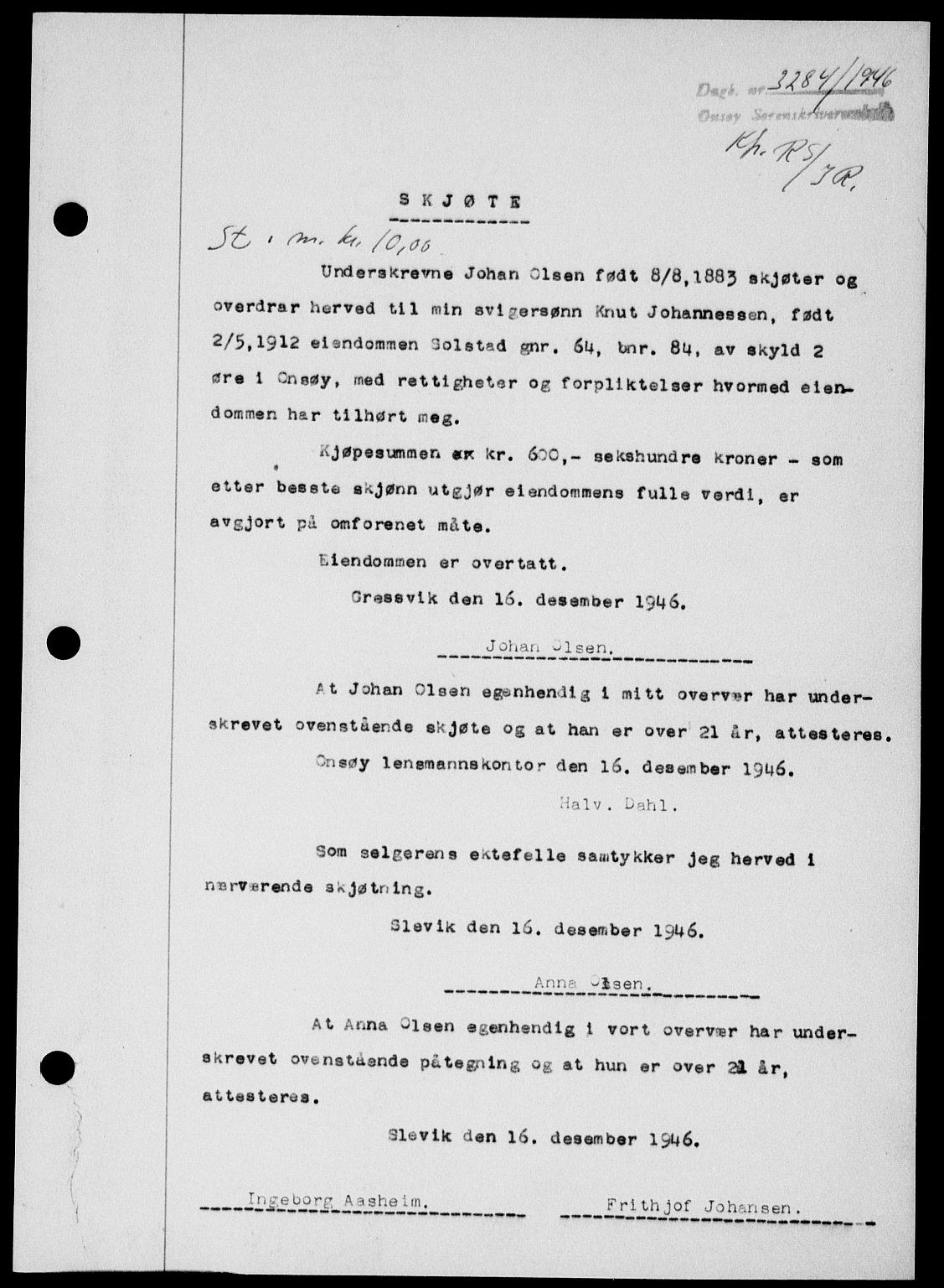 Onsøy sorenskriveri, SAO/A-10474/G/Ga/Gab/L0018: Mortgage book no. II A-18, 1946-1947, Diary no: : 3284/1946