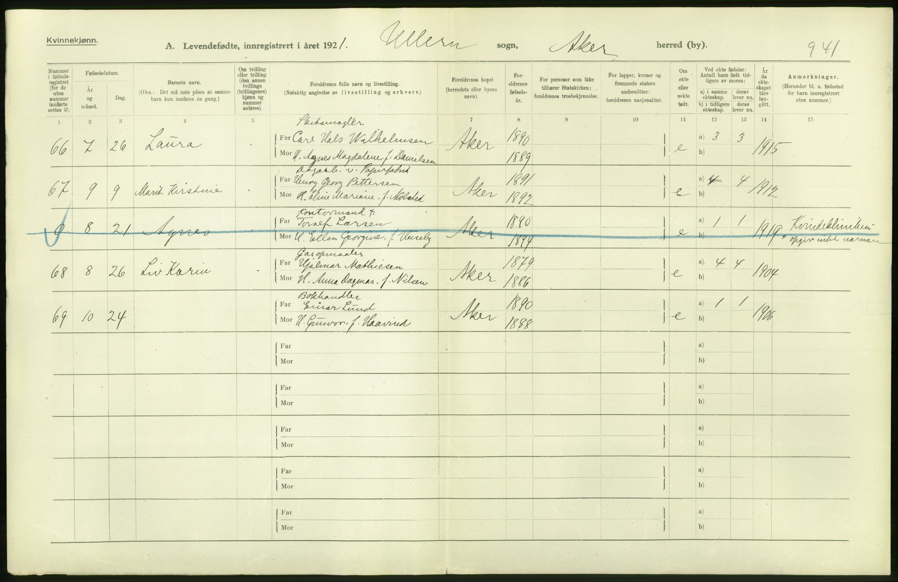 Statistisk sentralbyrå, Sosiodemografiske emner, Befolkning, AV/RA-S-2228/D/Df/Dfc/Dfca/L0004: Akershus fylke: Levendefødte menn og kvinner. Bygder., 1921, p. 62