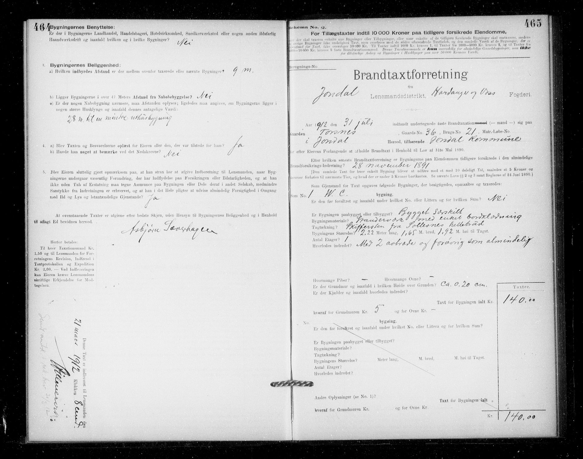 Lensmannen i Jondal, SAB/A-33101/0012/L0005: Branntakstprotokoll, skjematakst, 1894-1951, p. 464-465