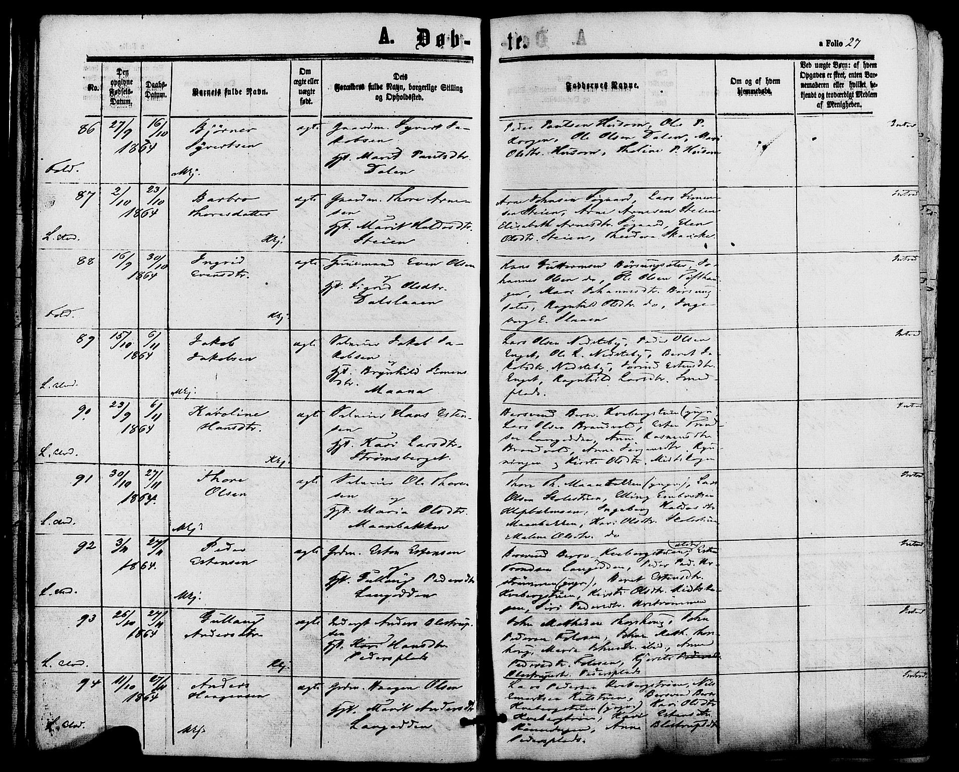 Alvdal prestekontor, AV/SAH-PREST-060/H/Ha/Haa/L0001: Parish register (official) no. 1, 1863-1882, p. 27