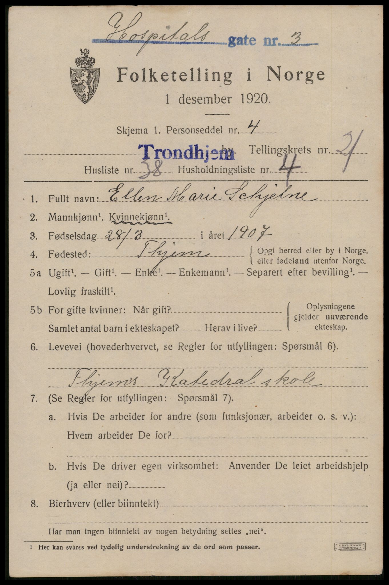 SAT, 1920 census for Trondheim, 1920, p. 62396
