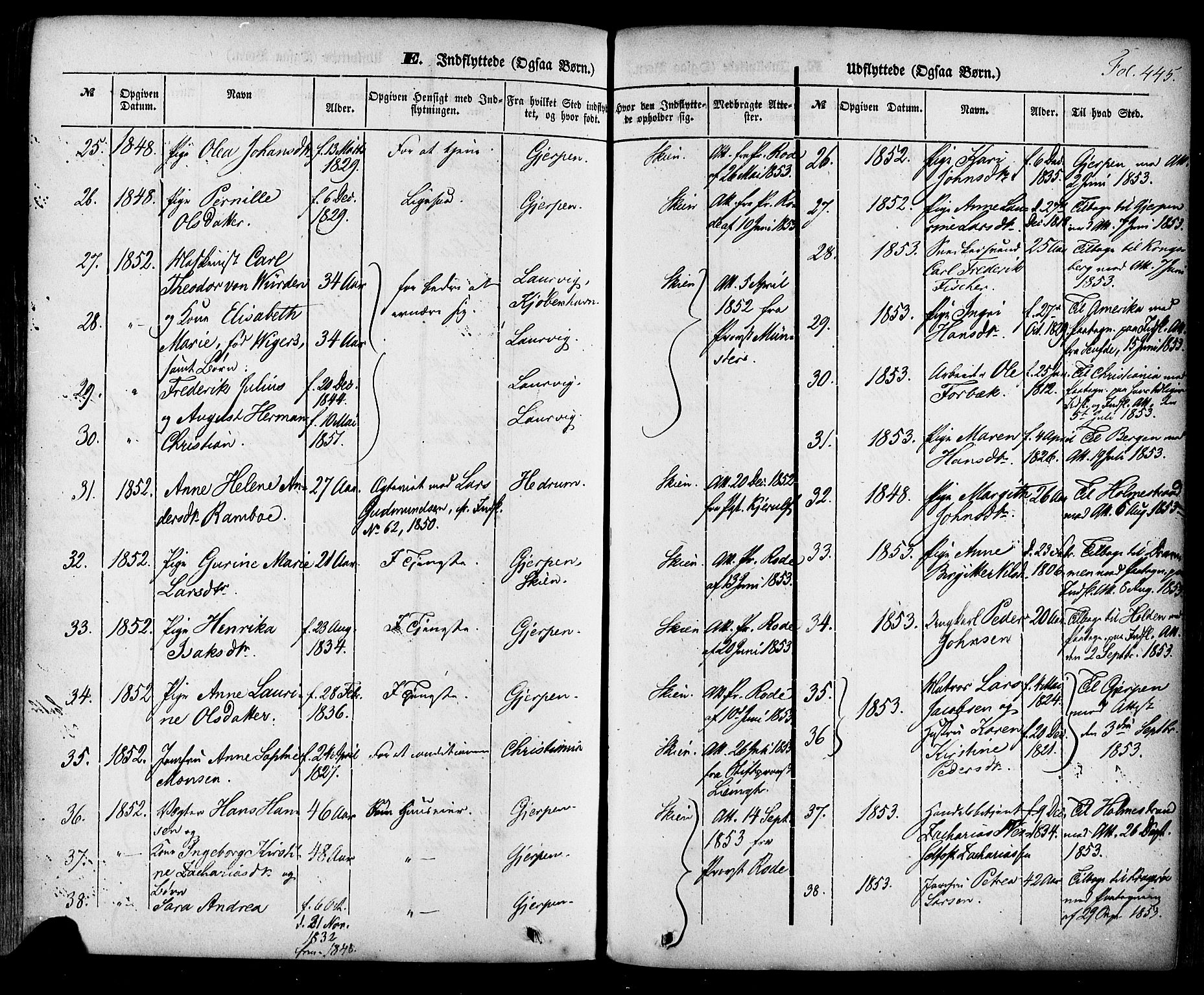 Skien kirkebøker, AV/SAKO-A-302/F/Fa/L0006a: Parish register (official) no. 6A, 1843-1856, p. 445