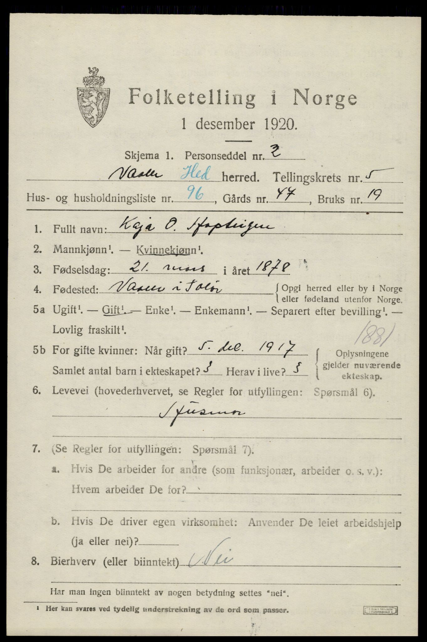 SAH, 1920 census for Våler (Hedmark), 1920, p. 6609