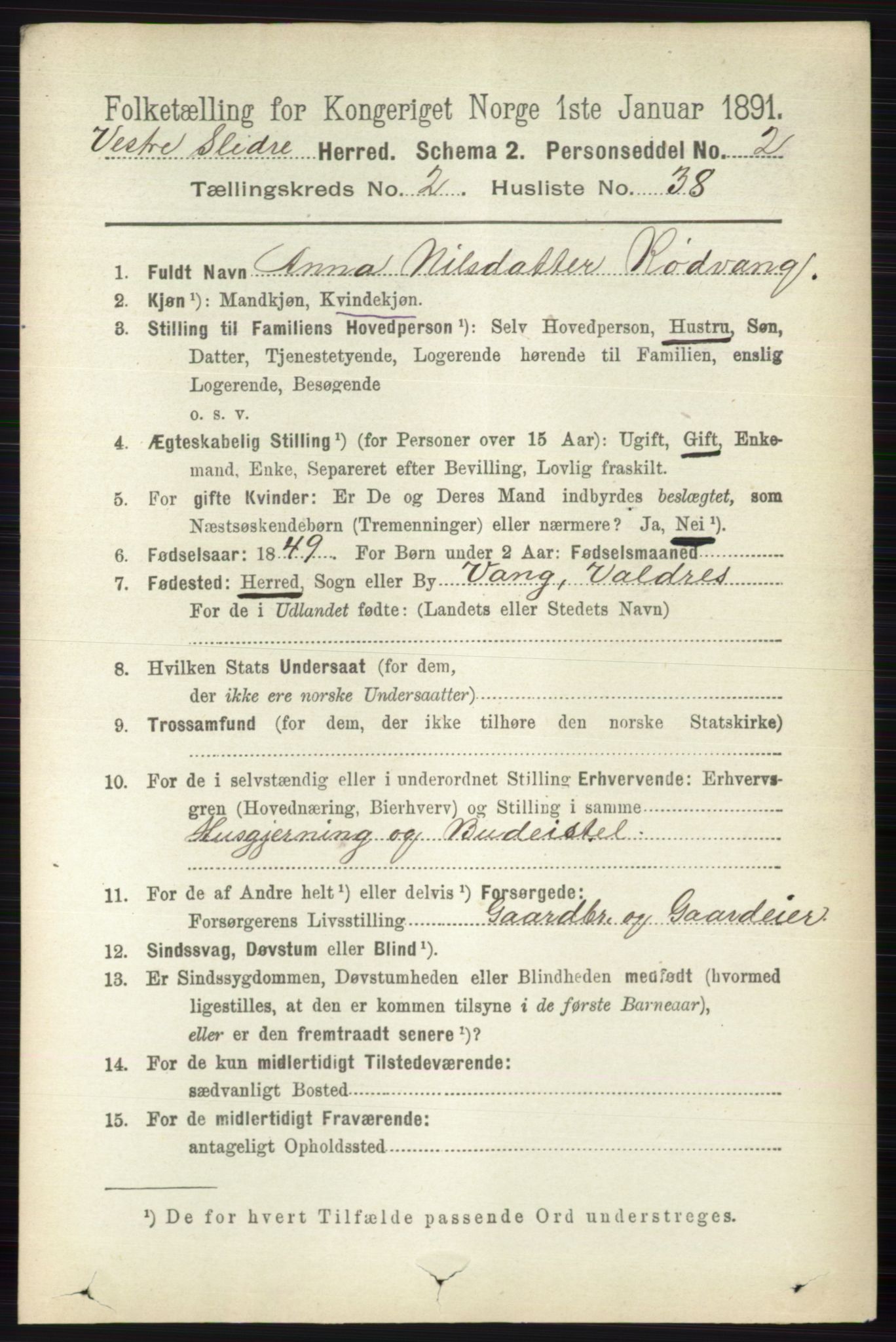 RA, 1891 census for 0543 Vestre Slidre, 1891, p. 746
