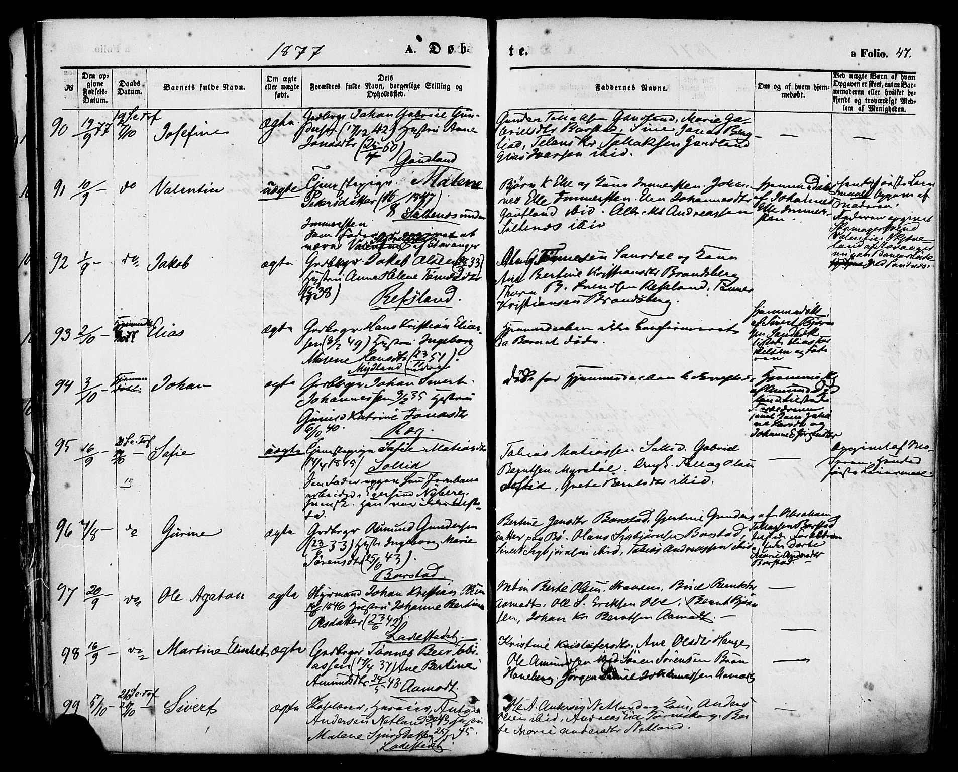 Sokndal sokneprestkontor, AV/SAST-A-101808: Parish register (official) no. A 10, 1874-1886, p. 47