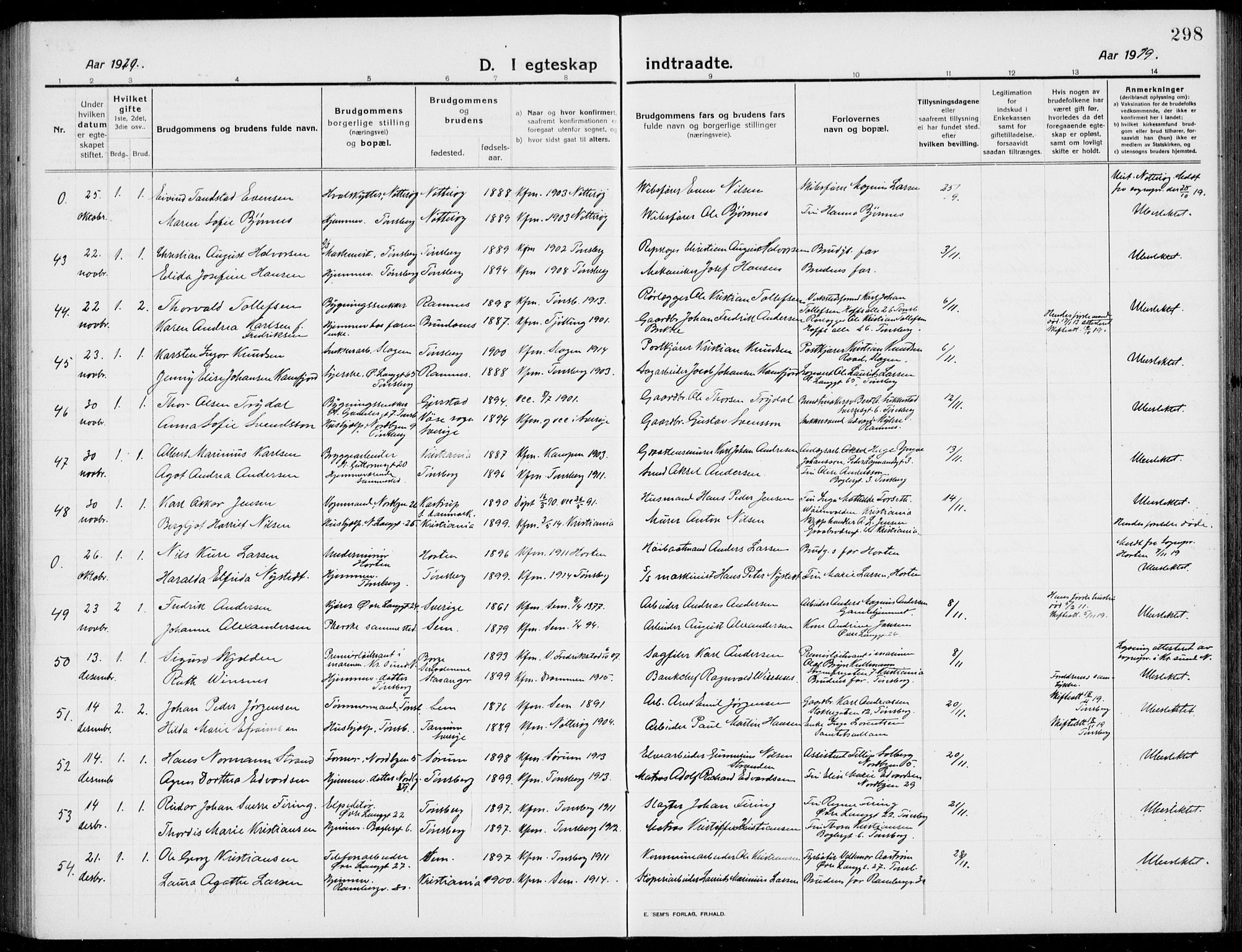 Tønsberg kirkebøker, AV/SAKO-A-330/G/Ga/L0009: Parish register (copy) no. 9, 1913-1920, p. 298