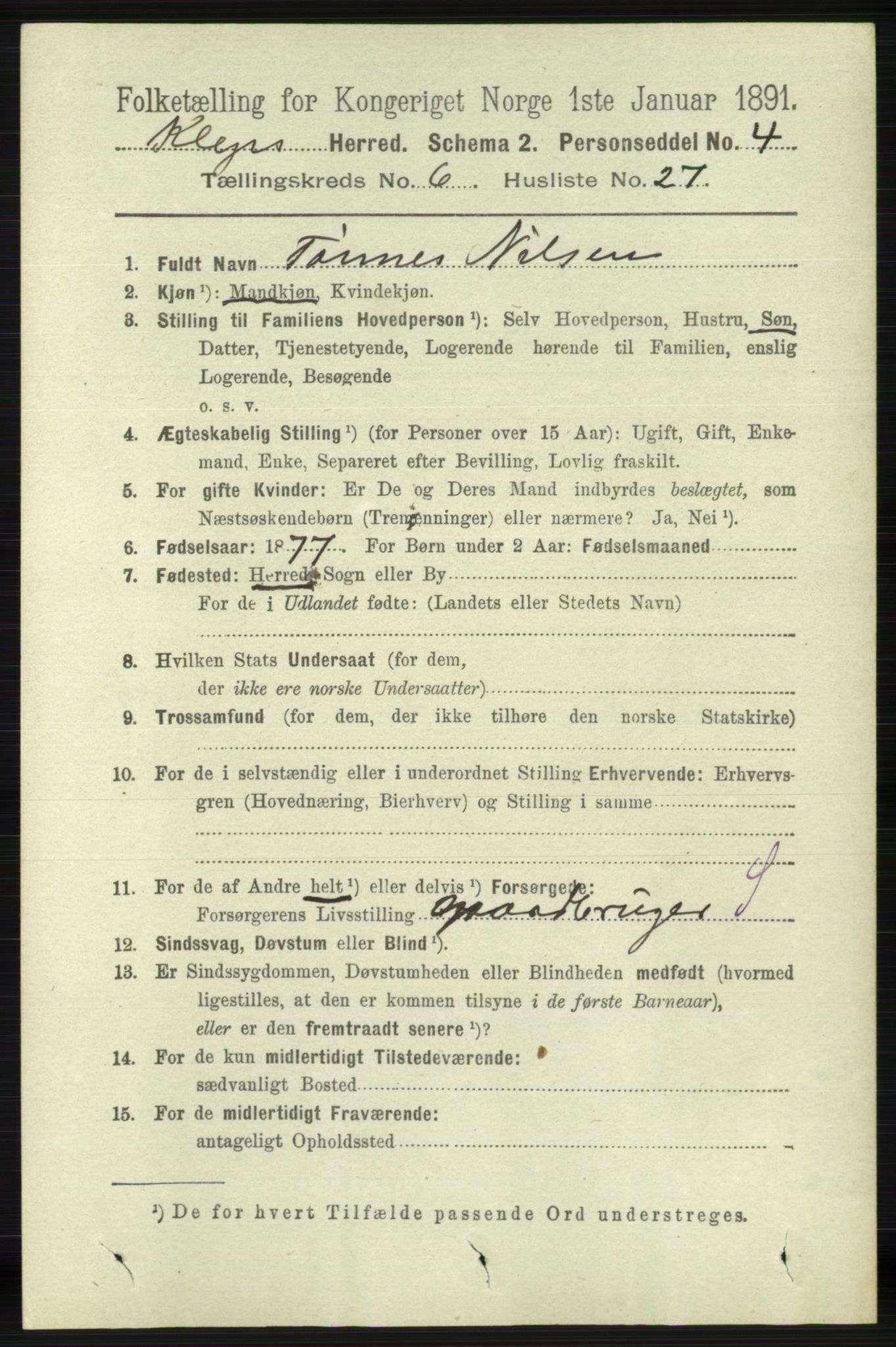 RA, 1891 census for 1120 Klepp, 1891, p. 1822