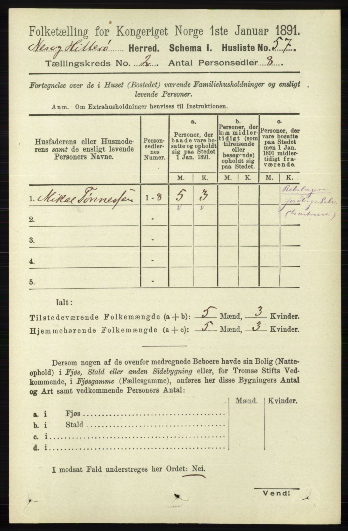 RA, 1891 census for 1043 Hidra og Nes, 1891, p. 528