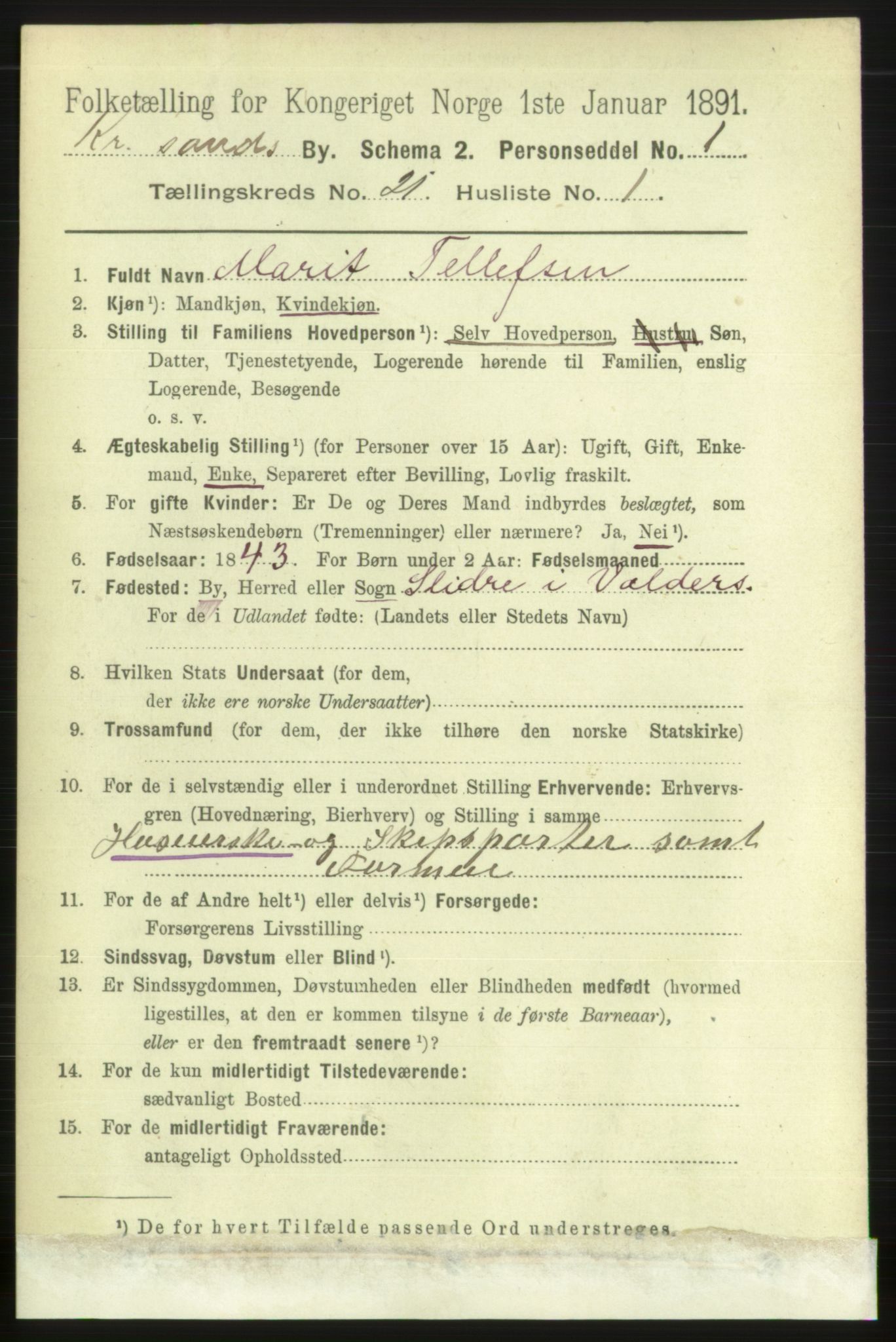 RA, 1891 census for 1001 Kristiansand, 1891, p. 7853