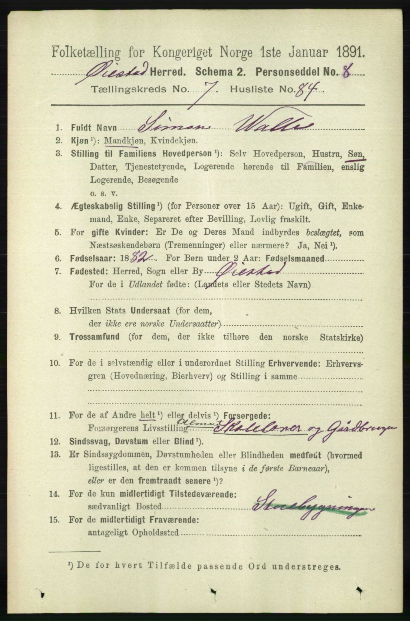 RA, 1891 census for 0920 Øyestad, 1891, p. 3131