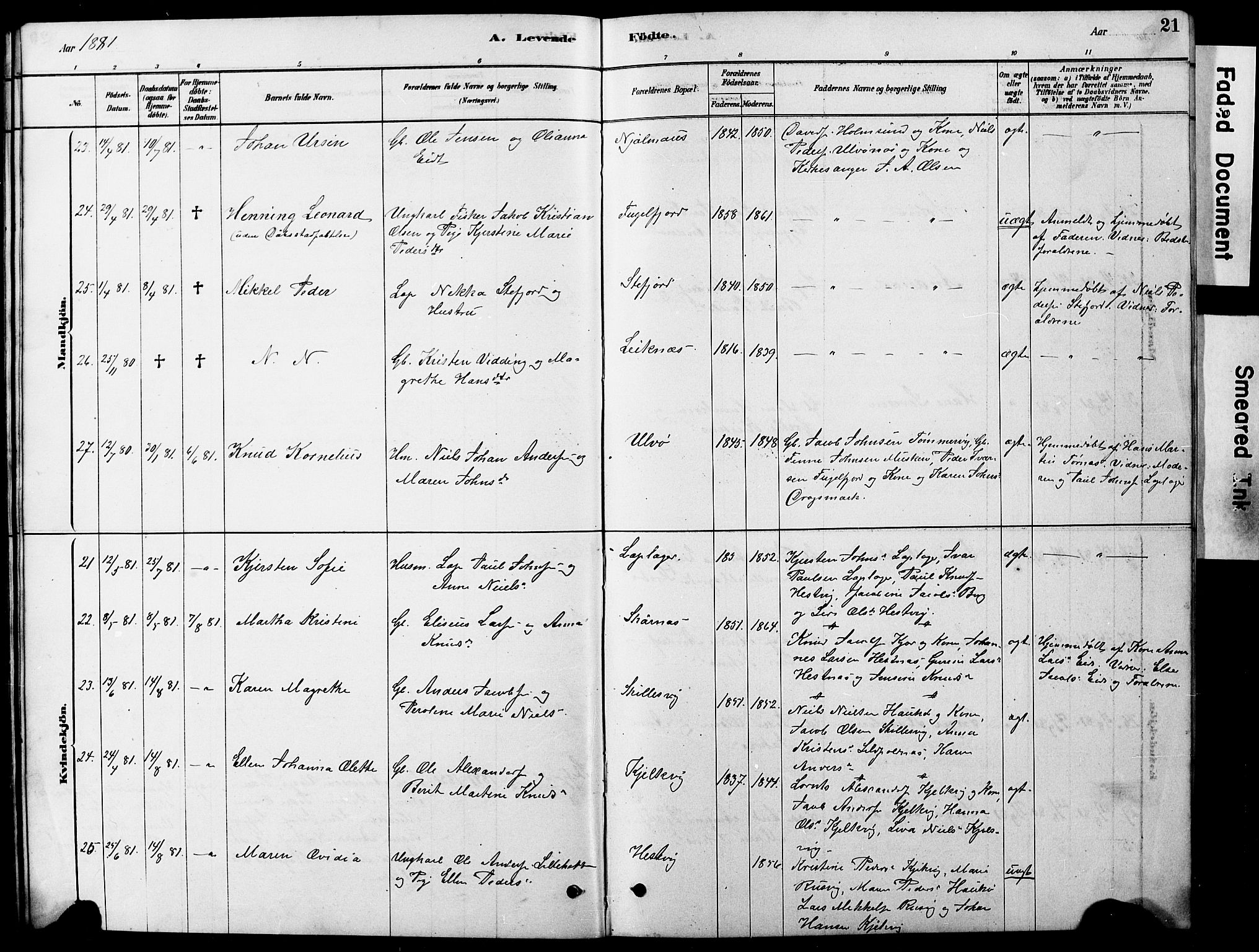 Ministerialprotokoller, klokkerbøker og fødselsregistre - Nordland, AV/SAT-A-1459/861/L0875: Parish register (copy) no. 861C01, 1879-1887, p. 21