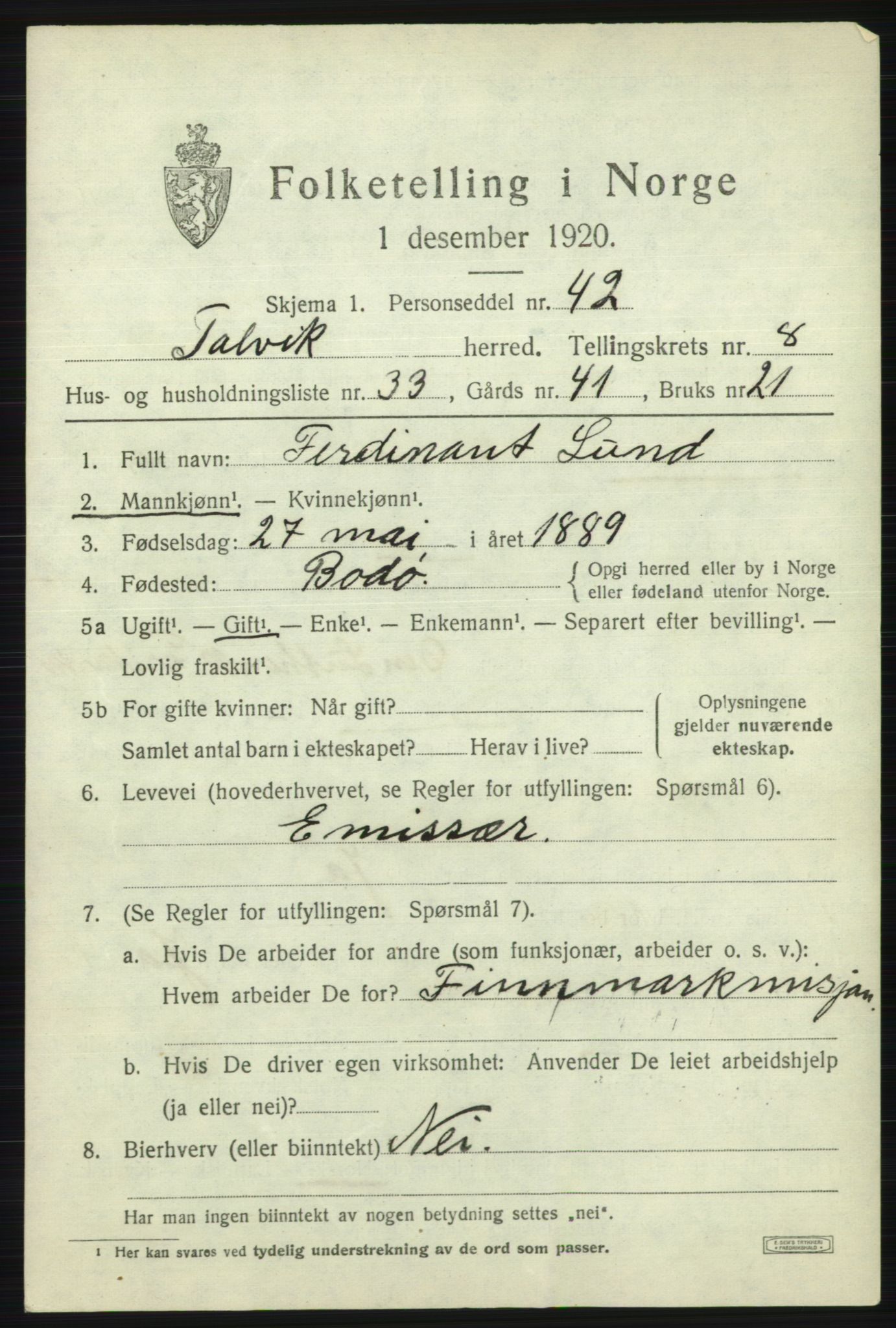 SATØ, 1920 census for Talvik, 1920, p. 5416
