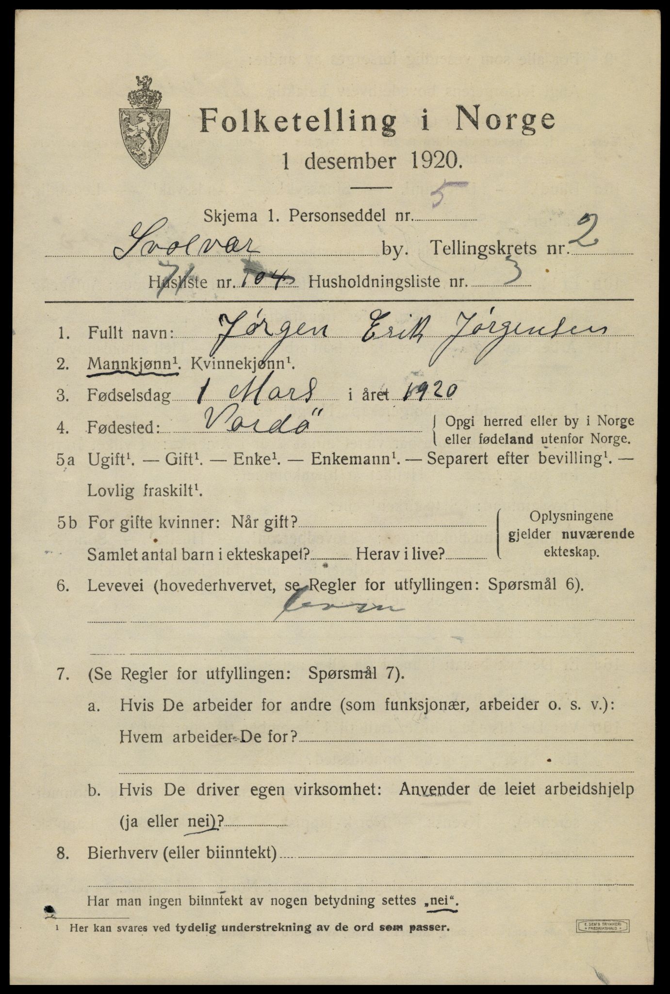 SAT, 1920 census for Svolvær, 1920, p. 3976