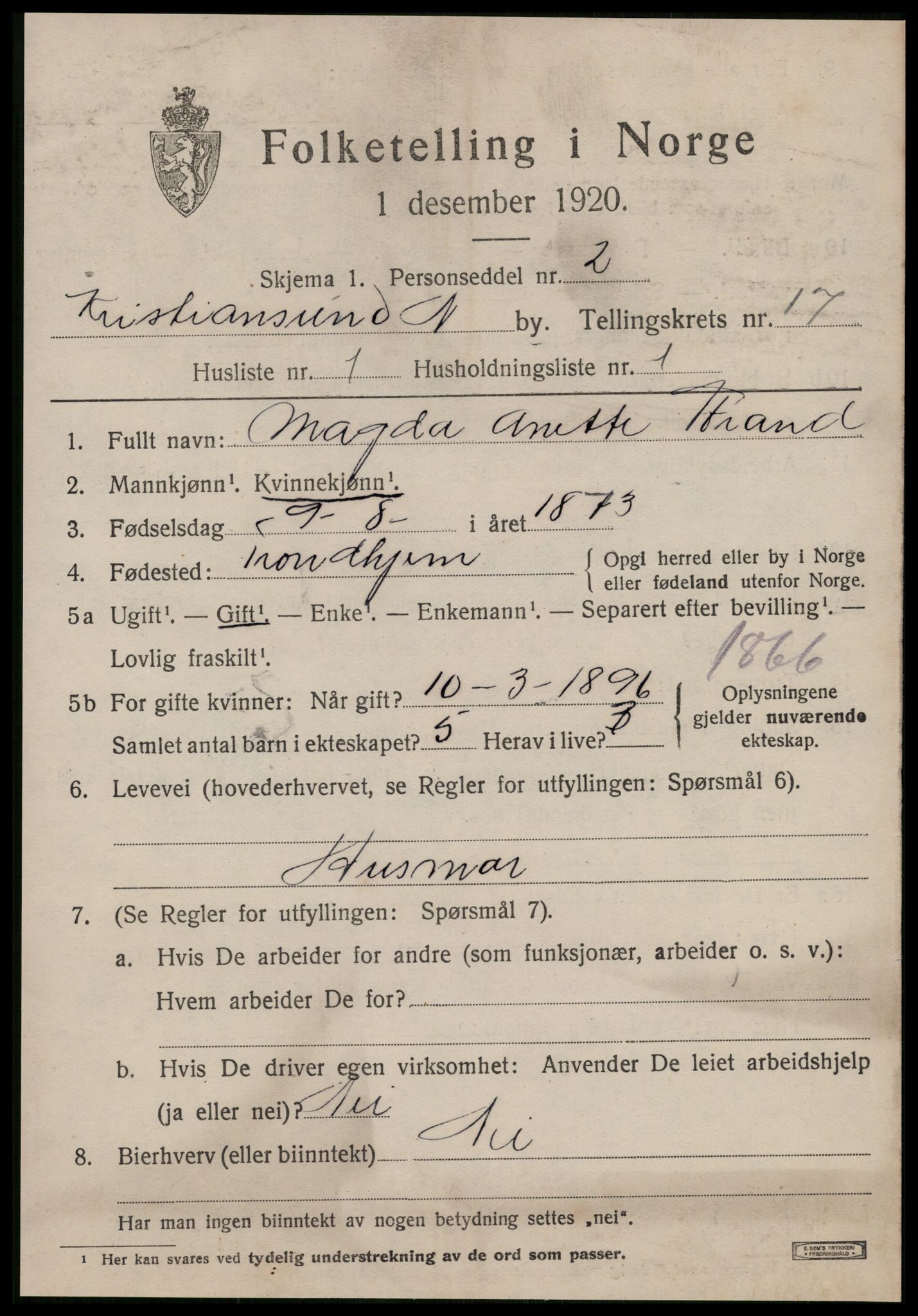 SAT, 1920 census for Kristiansund, 1920, p. 35895